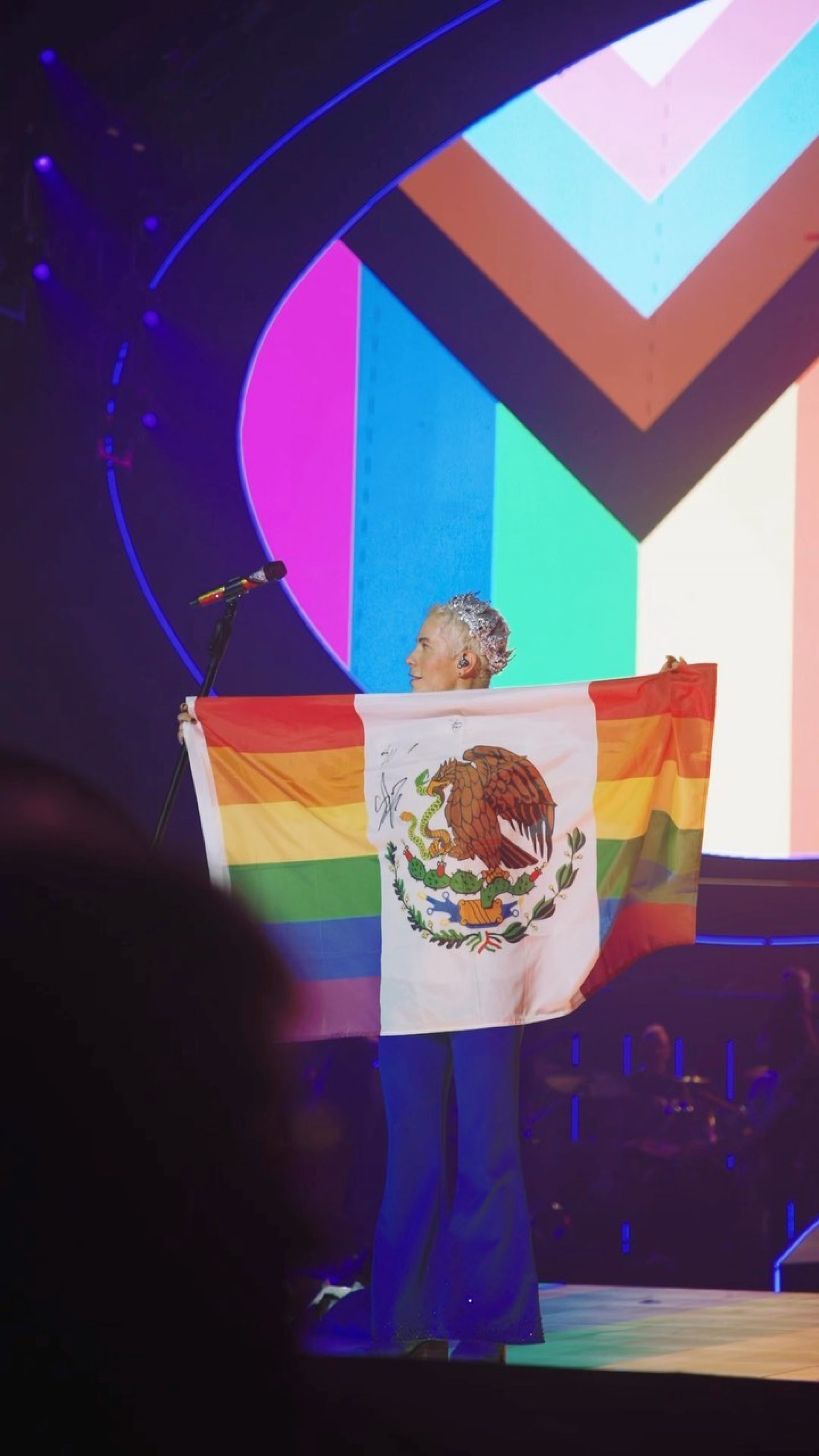 Christian Chávez segura bandeira LGBTQ+ do México durante show do RBD - Reprodução/Instagram