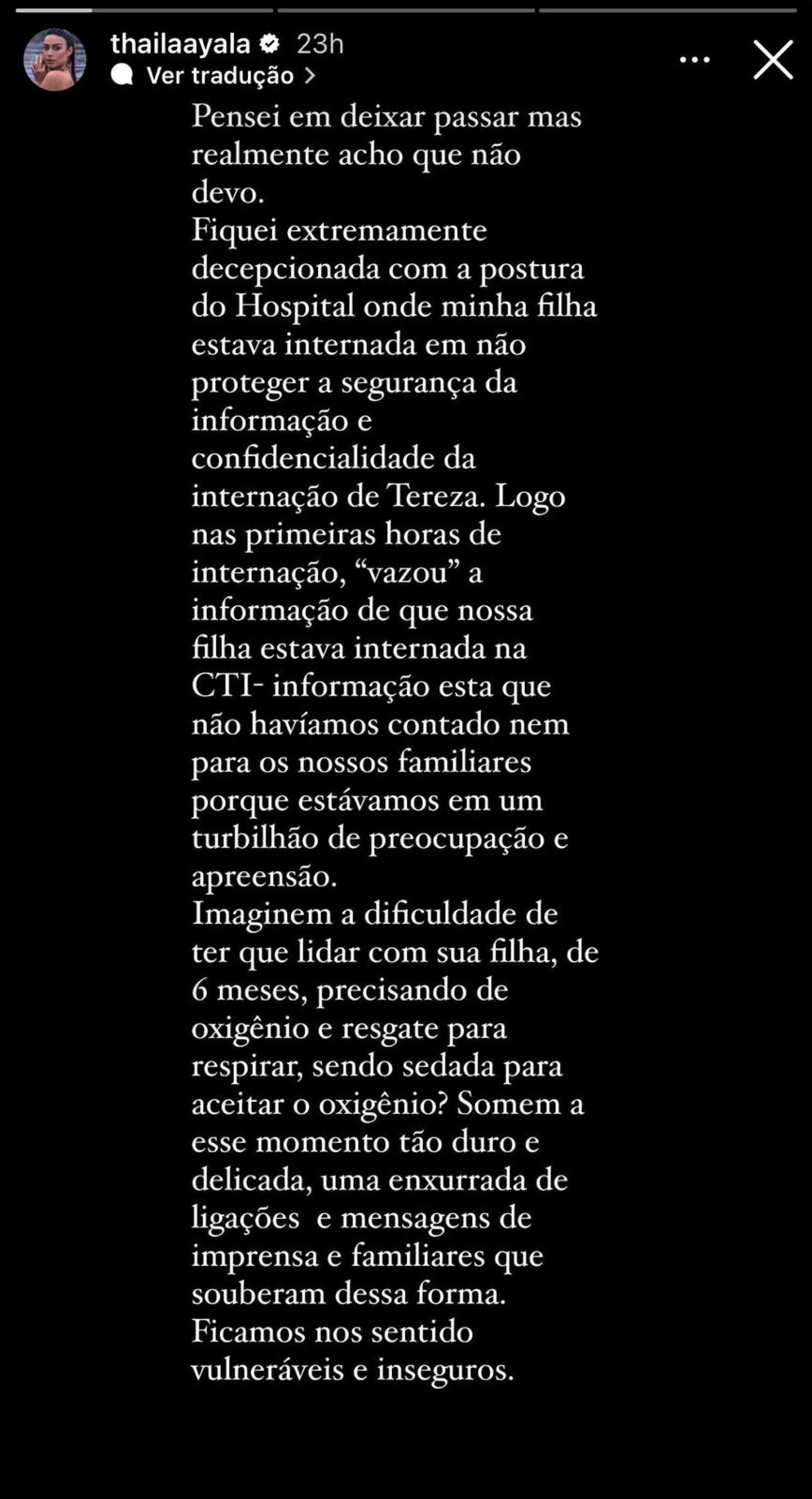 Thaila Ayala desabafa após hospital vazar internação de sua filha - Reprodução