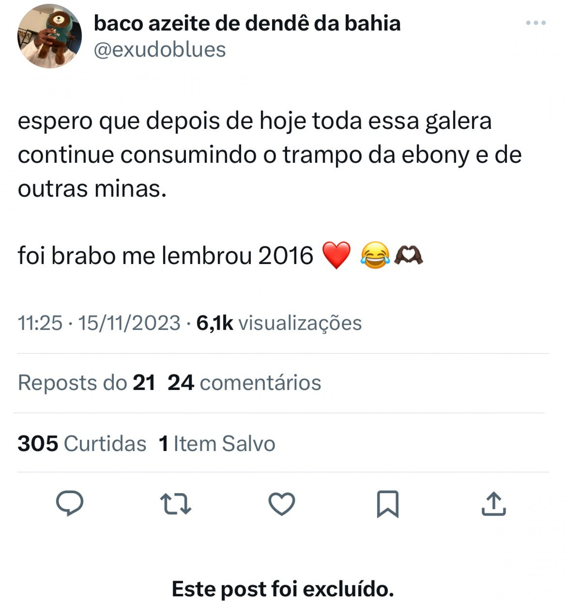 Baco Exu do Blues apagou postagem elogiando Ebony por música em que é criticado - Reprodução/Twitter