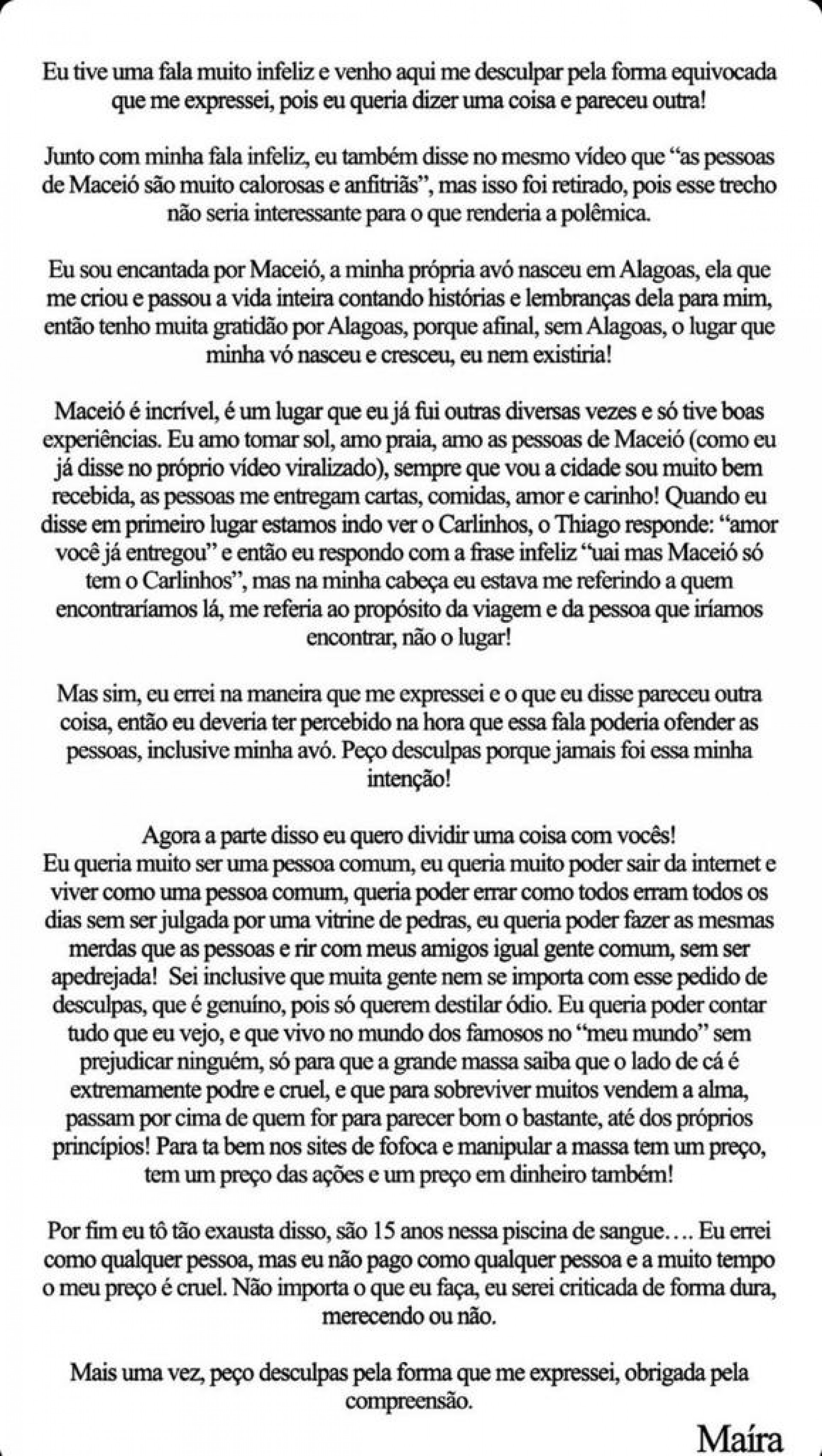 Maíra Cardi se manifesta após dizer que 'Maceió não tem nada' - Reprodução do Instagram