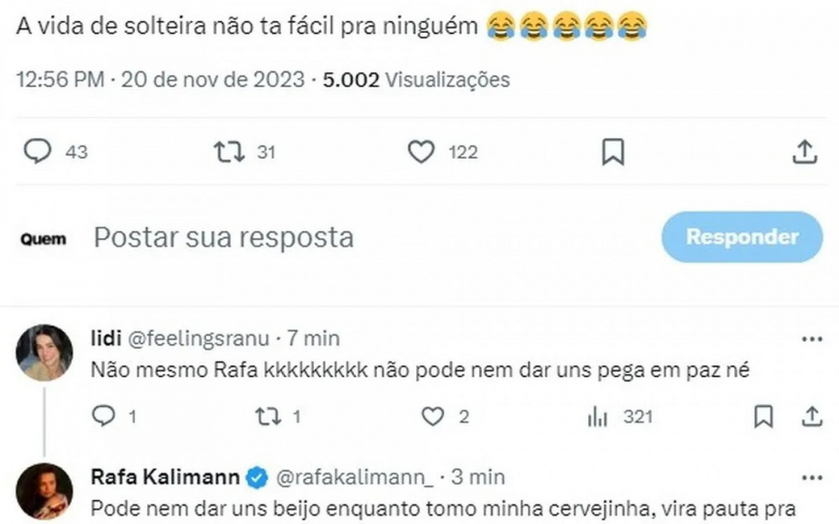 Rafa Kalimann desabafa após ser fotografada aos beijos com Allan Souza Lima