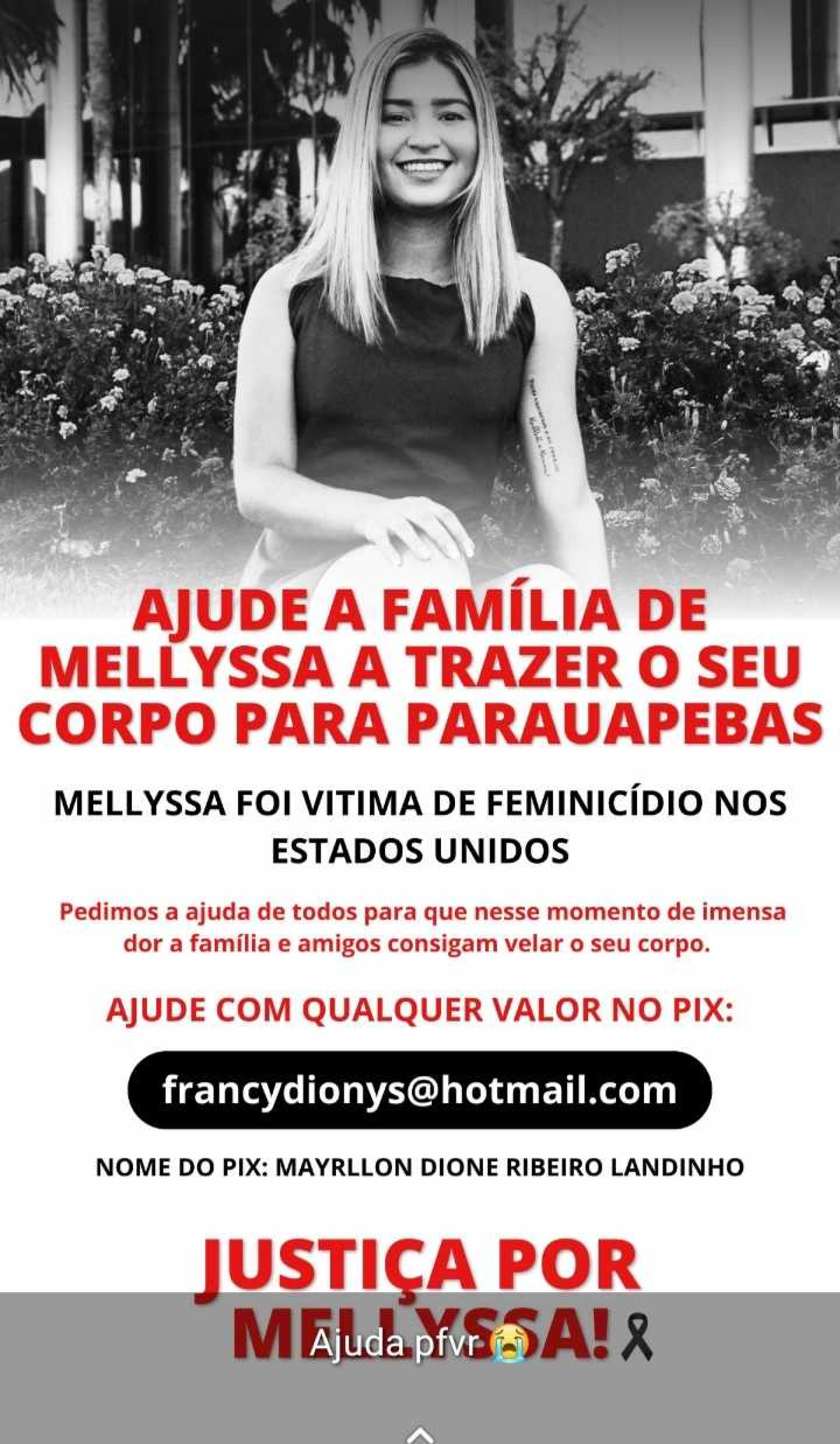 A mãe de Melyssa Pereira da Costa realiza uma vaquinha para trazer o corpo da jovem