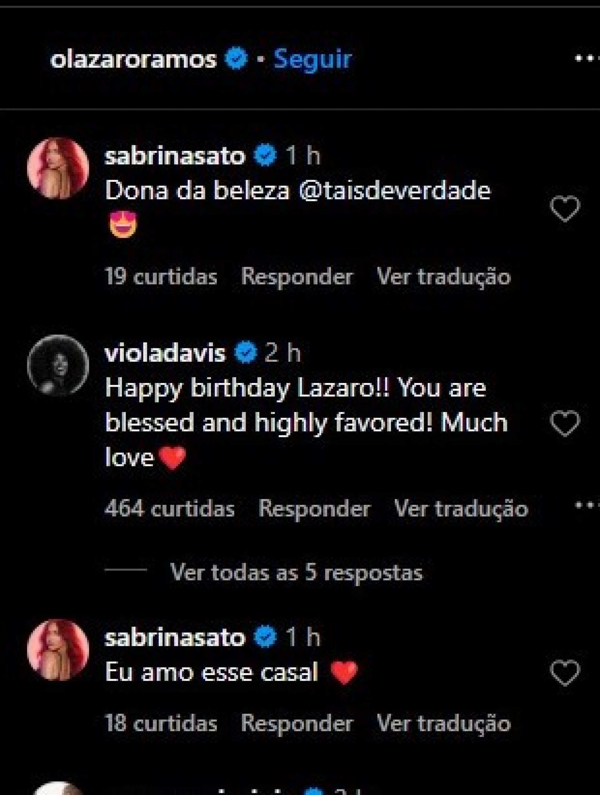 Viola Davis parabenizou Lázaro Ramos em postagem sobre o aniversário de Taís Araújo - Reprodução/Instagram