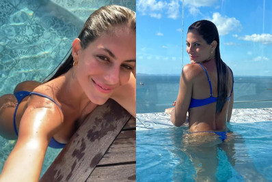 Mari Gonzalez se refresca em dia de piscina com os pais, em Salvador