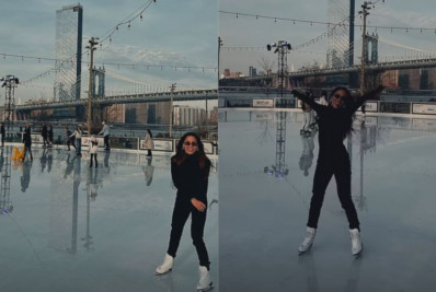 Anitta mostra desenvoltura com patinação no gelo, em Nova York