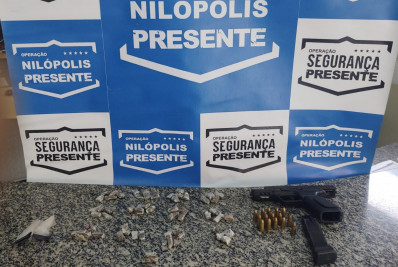 Segurança Presente de Nilópolis prende suspeito com pistola, munições e drogas no Centro