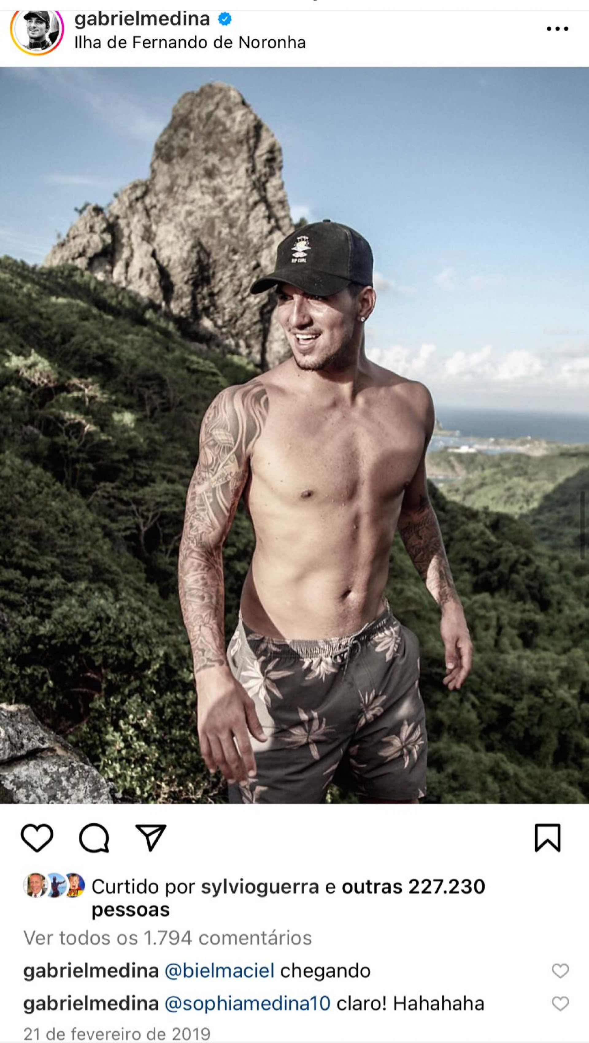 Gabriel Medina esteve em Fernando de Noronha na mesma época em que primeira-dama de Arari - Reprodução / Instagram