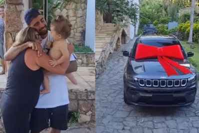 Pedro Scooby presenteia a mãe com carrão: 'Muito bom ver a felicidade no rosto dela'