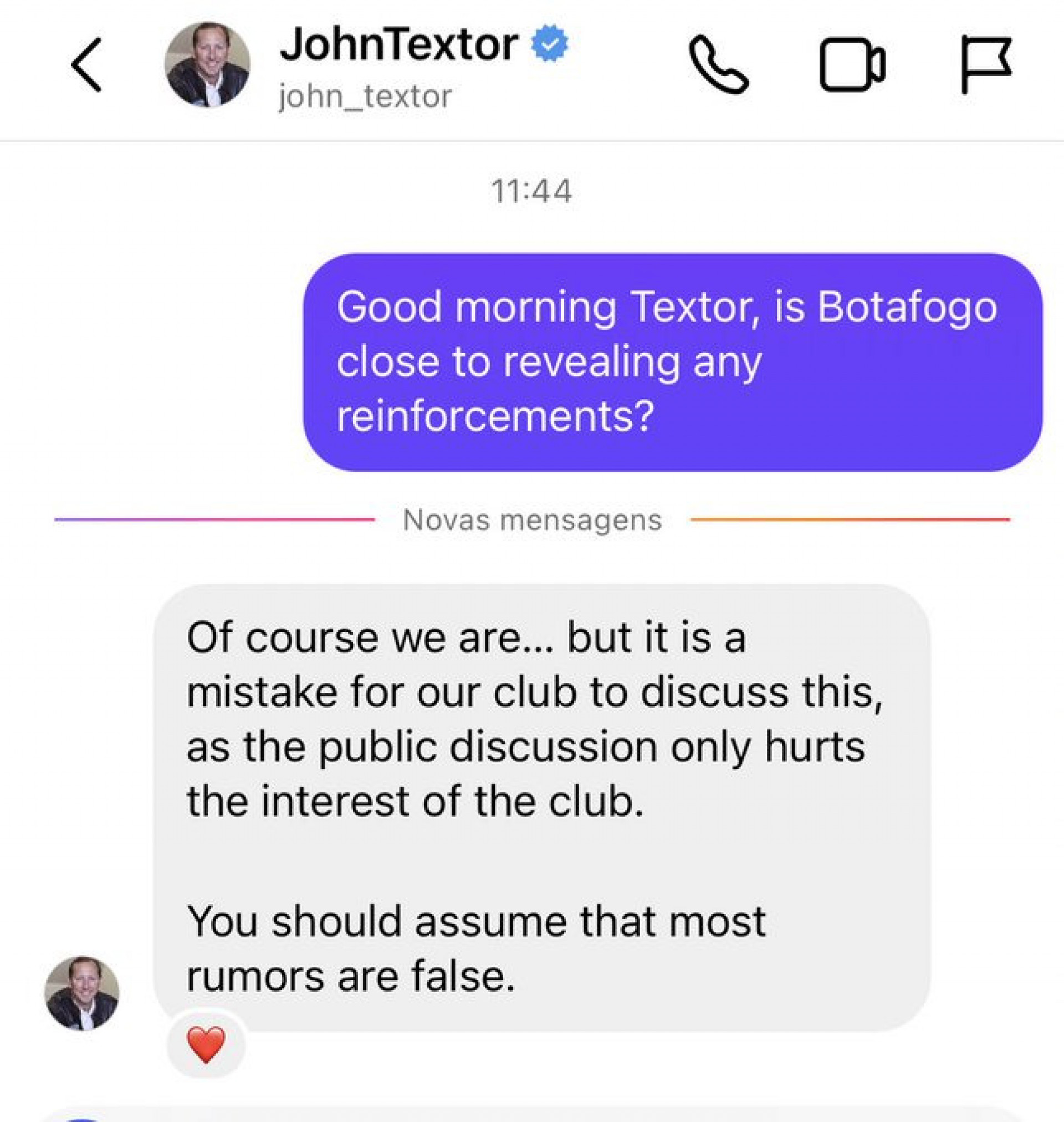 Print da conversa entre a torcedora e John Textor, dono da SAF do Botafogo - Reprodução