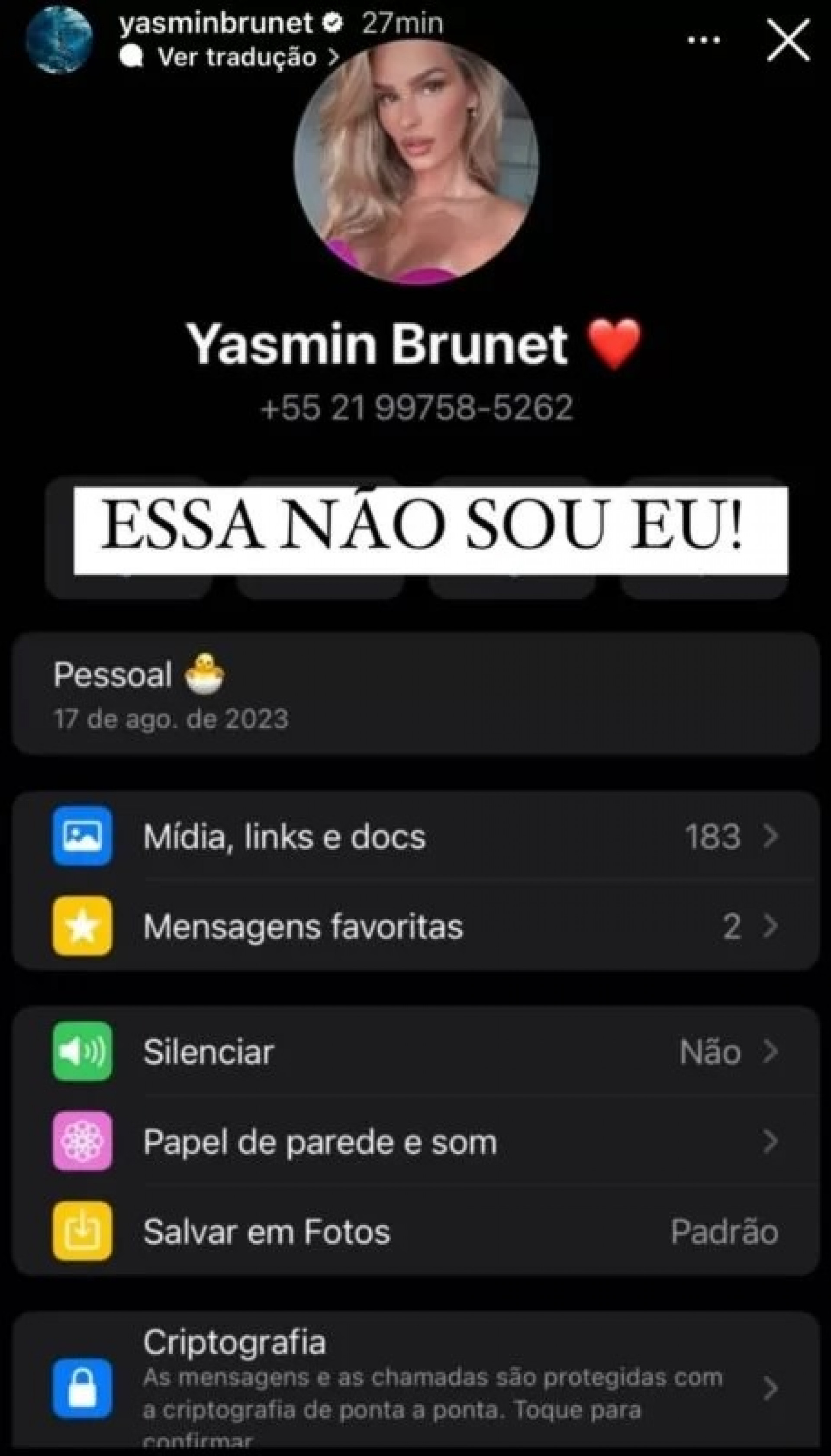 Yasmin Brunet já havia alertado os seguidores sobre o golpe em seu nome - Reprodução / Instagram