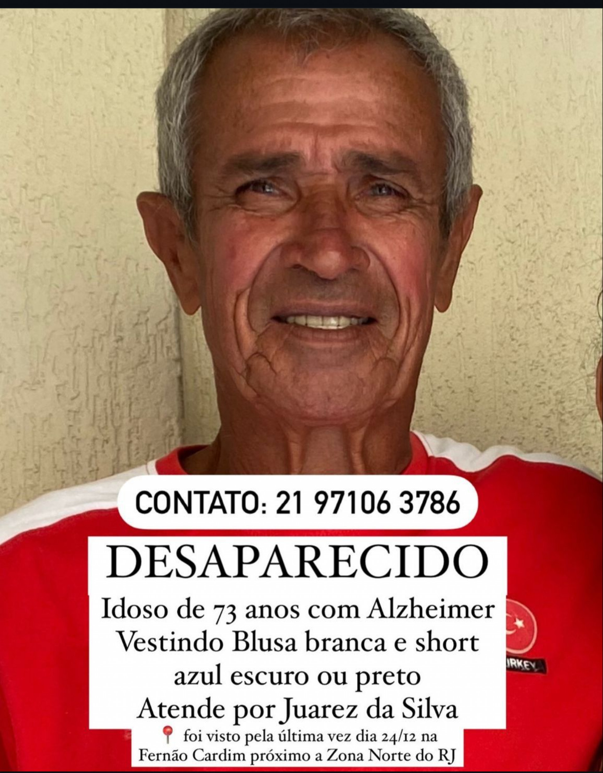 Juarez da Silva, de 73 anos, desapareceu no Cachambi, na Zona Norte do Rio, neste domingo (24)