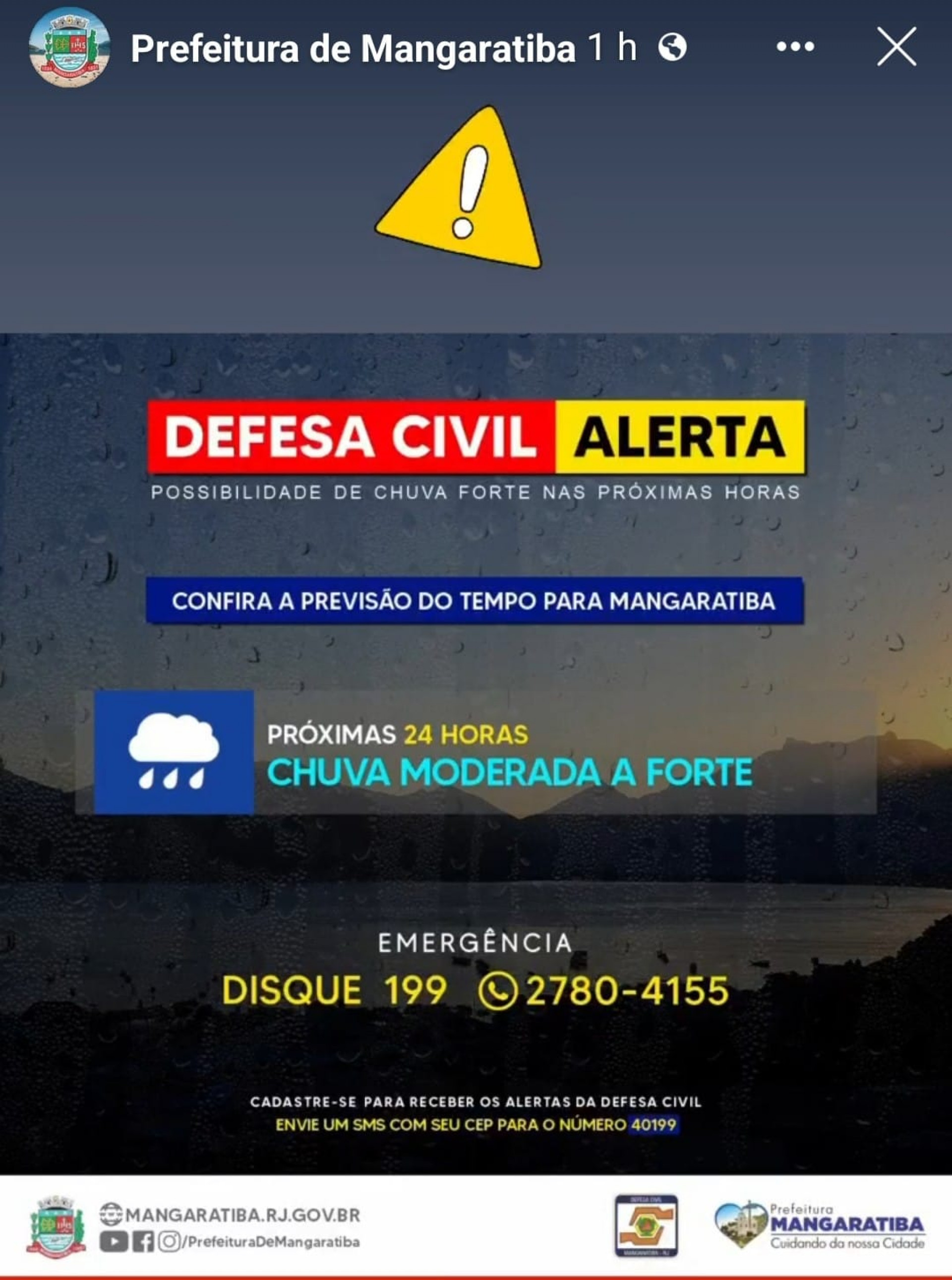 Mangaratiba em estado de alerta para chuva forte que j&aacute; atinge as cidades do litoral da costa verde - Divulga&ccedil;&atilde;o/rede social