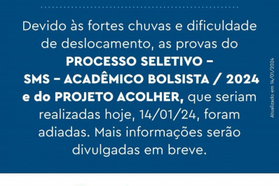 Prova para bolsistas na área de saúde da prefeitura é adiada por conta das fortes chuvas
