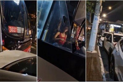 Mulher embriagada assume direção de ônibus, bate em quatro táxis e acaba presa