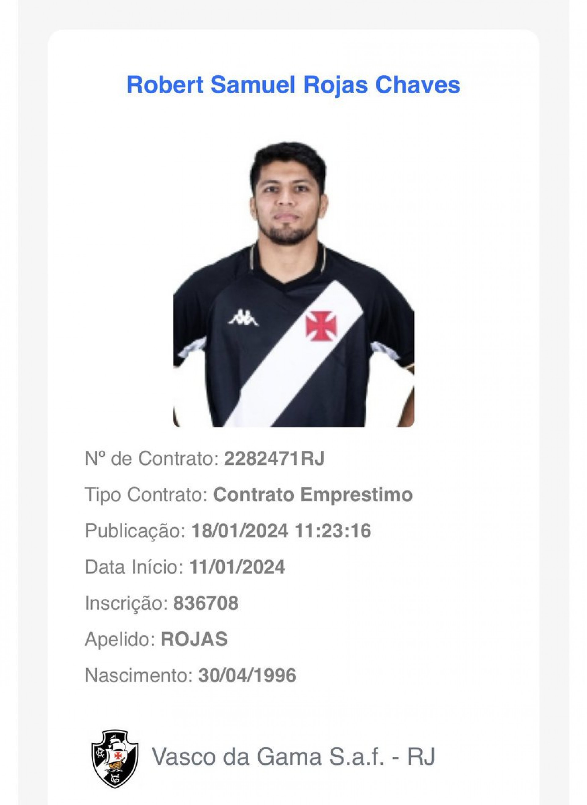 Nome de Robert Rojas regularizado no BID da CBF - Reprodução