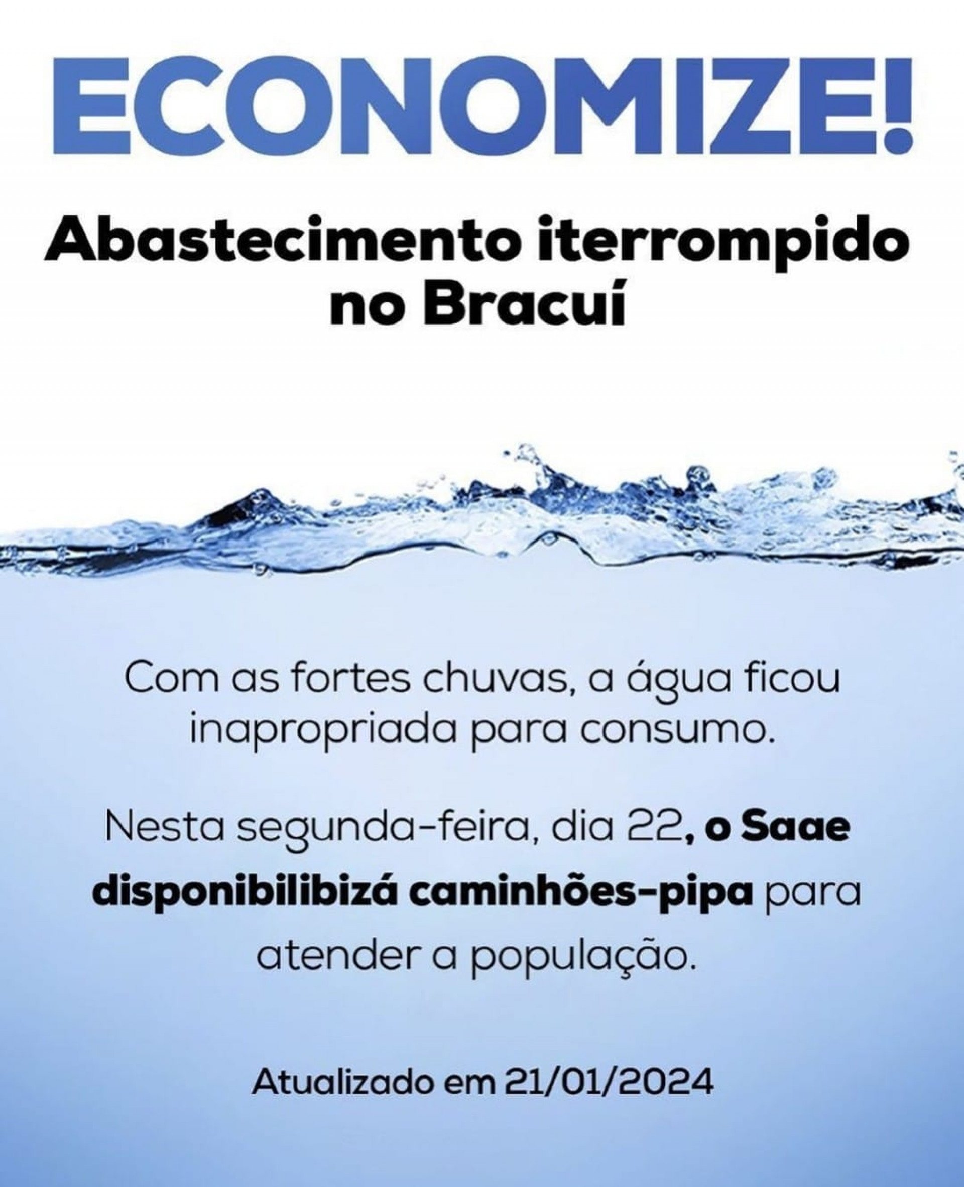 Água das torneiras não está própria para o consumo no bairro Bracuí  - Divulgação/SAAE