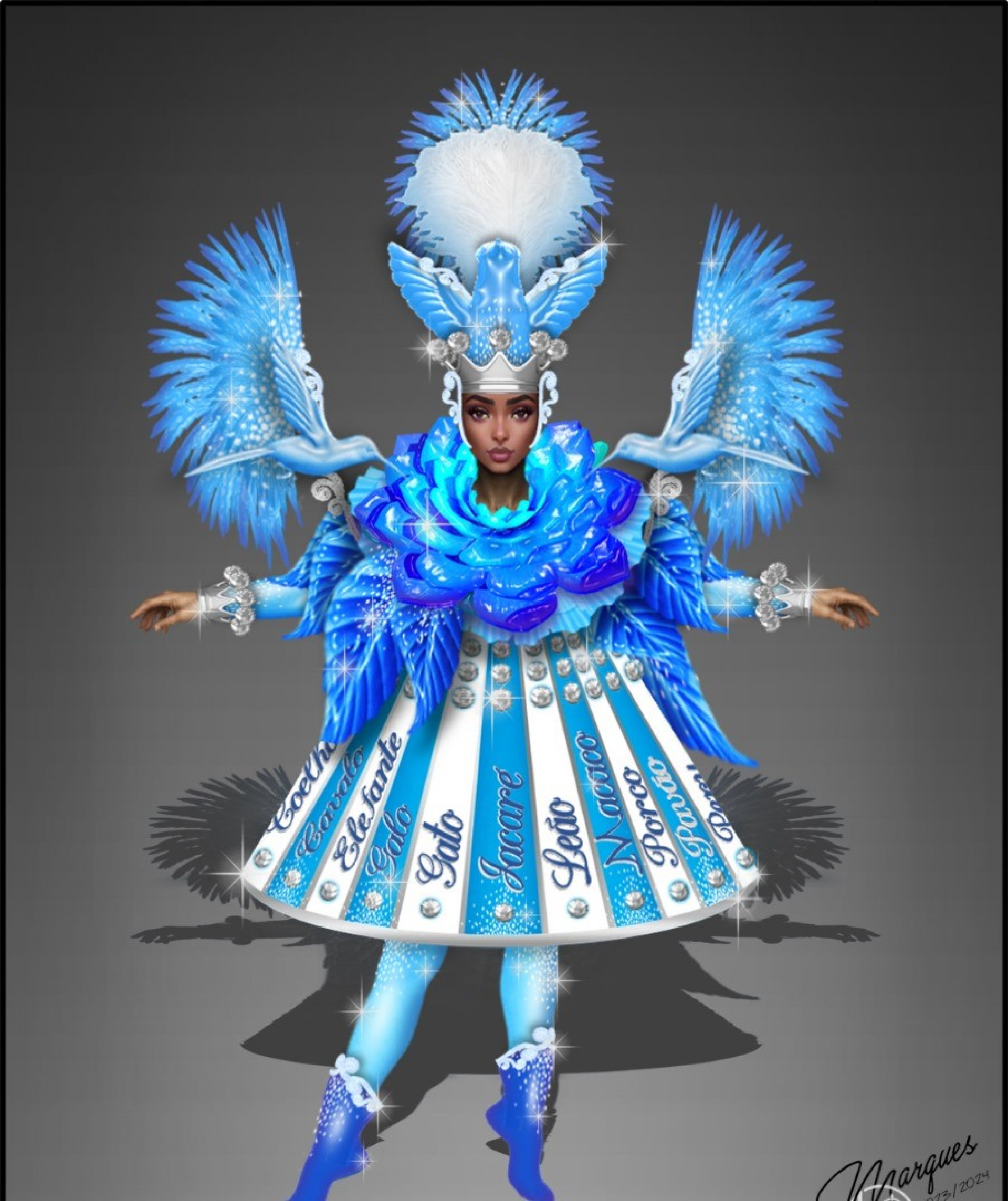 Figurino da fantasia da Inocentes em homenagem a Beija-Flor de Nilópolis