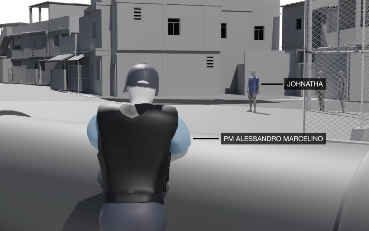 Johnatha de Oliveira Lima em montagem 3D, na mira do PM Alessandro Marcelino de Souza