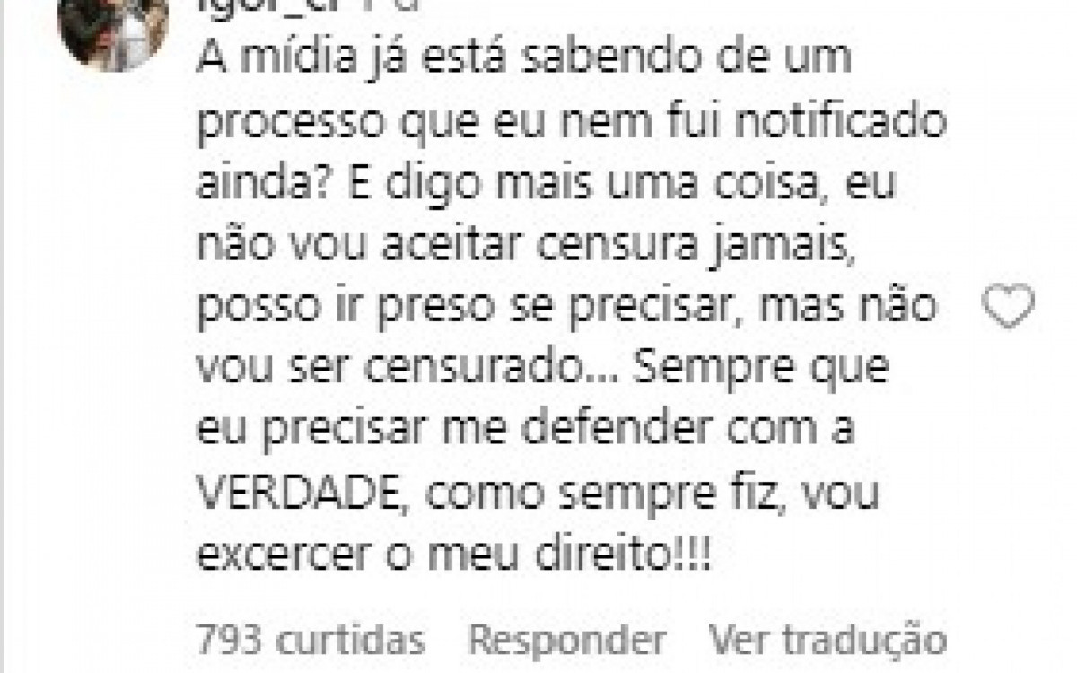 Igor Camargo se pronuncia sobre decisão judicial