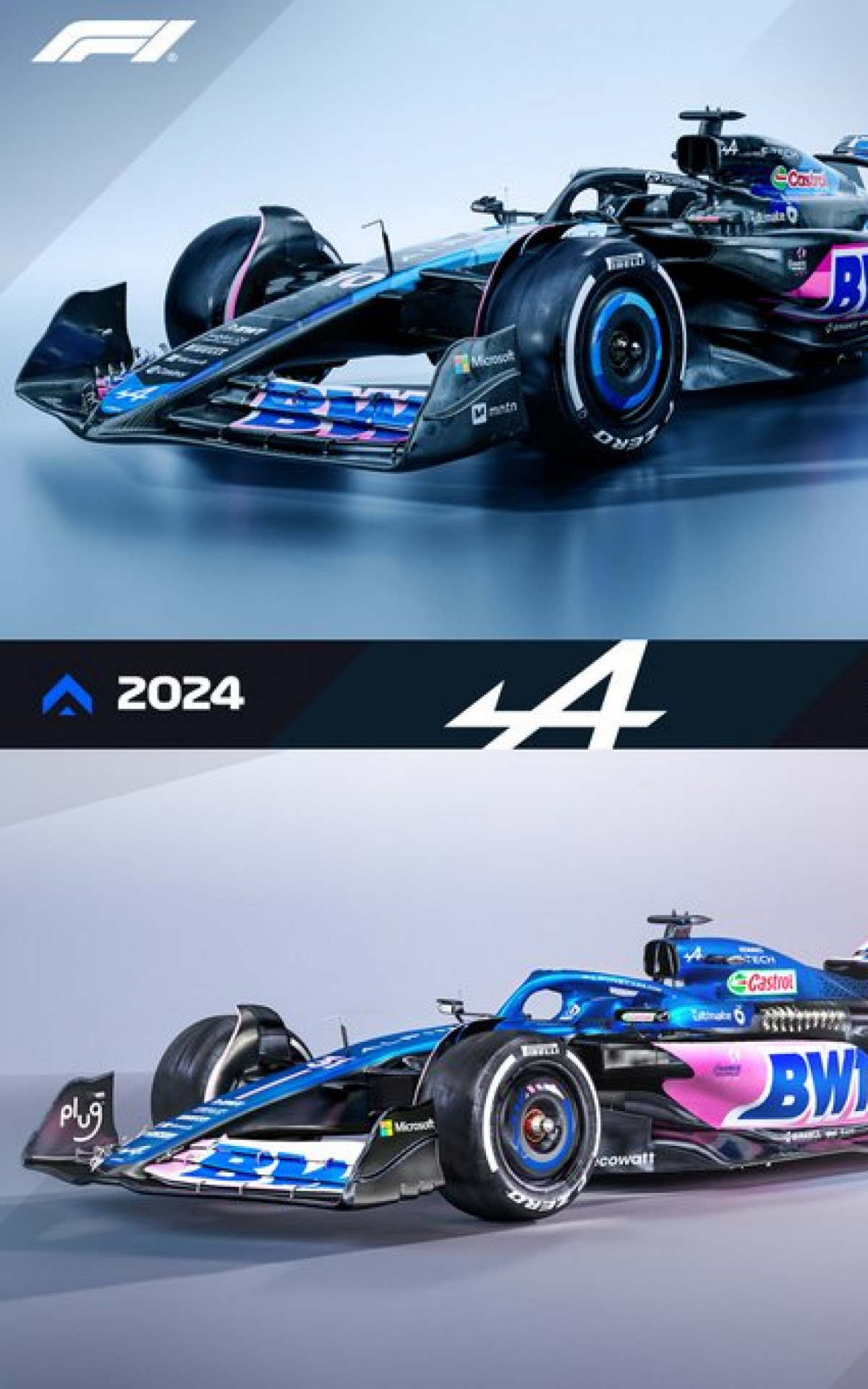 Comparação entre as pinturas dos carros da Alpine nas temporadas 2023 e 2024