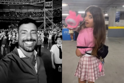 Cauã Reymond acompanha filha no show do grupo de k-pop TWICE
