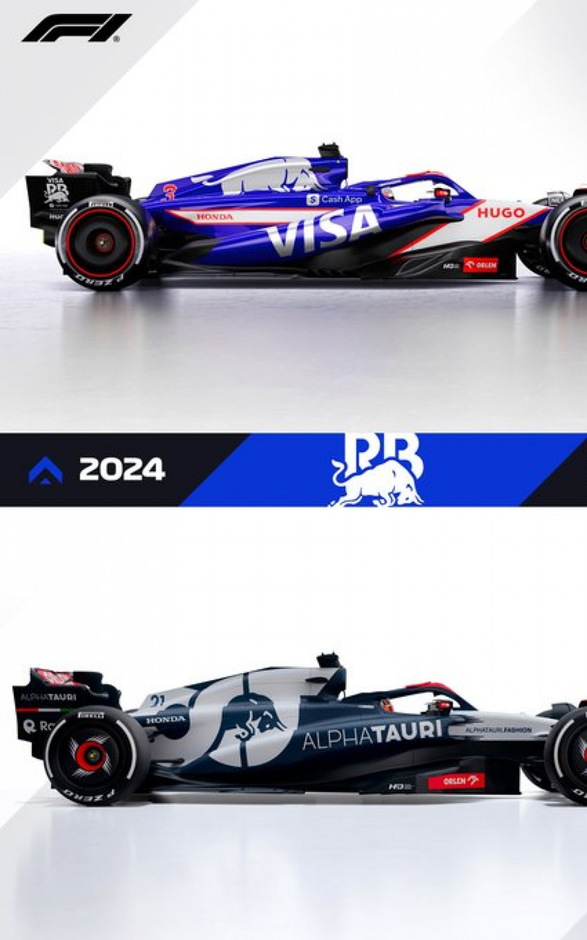 Comparação entre as cores dos carros da antiga AlphaTauri e a atual Visa Cash App RB