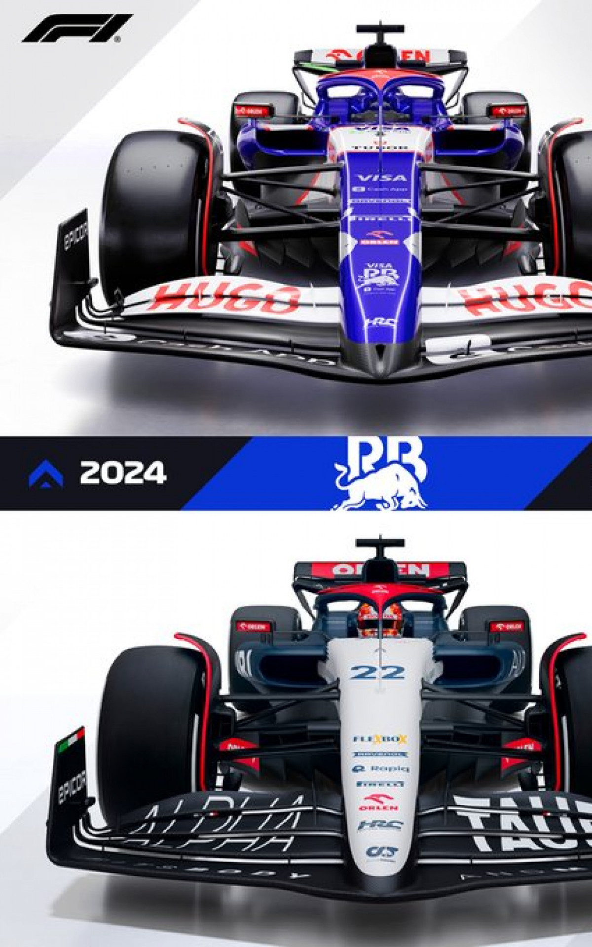Comparação entre as cores dos carros da antiga AlphaTauri e a atual Visa Cash App RB