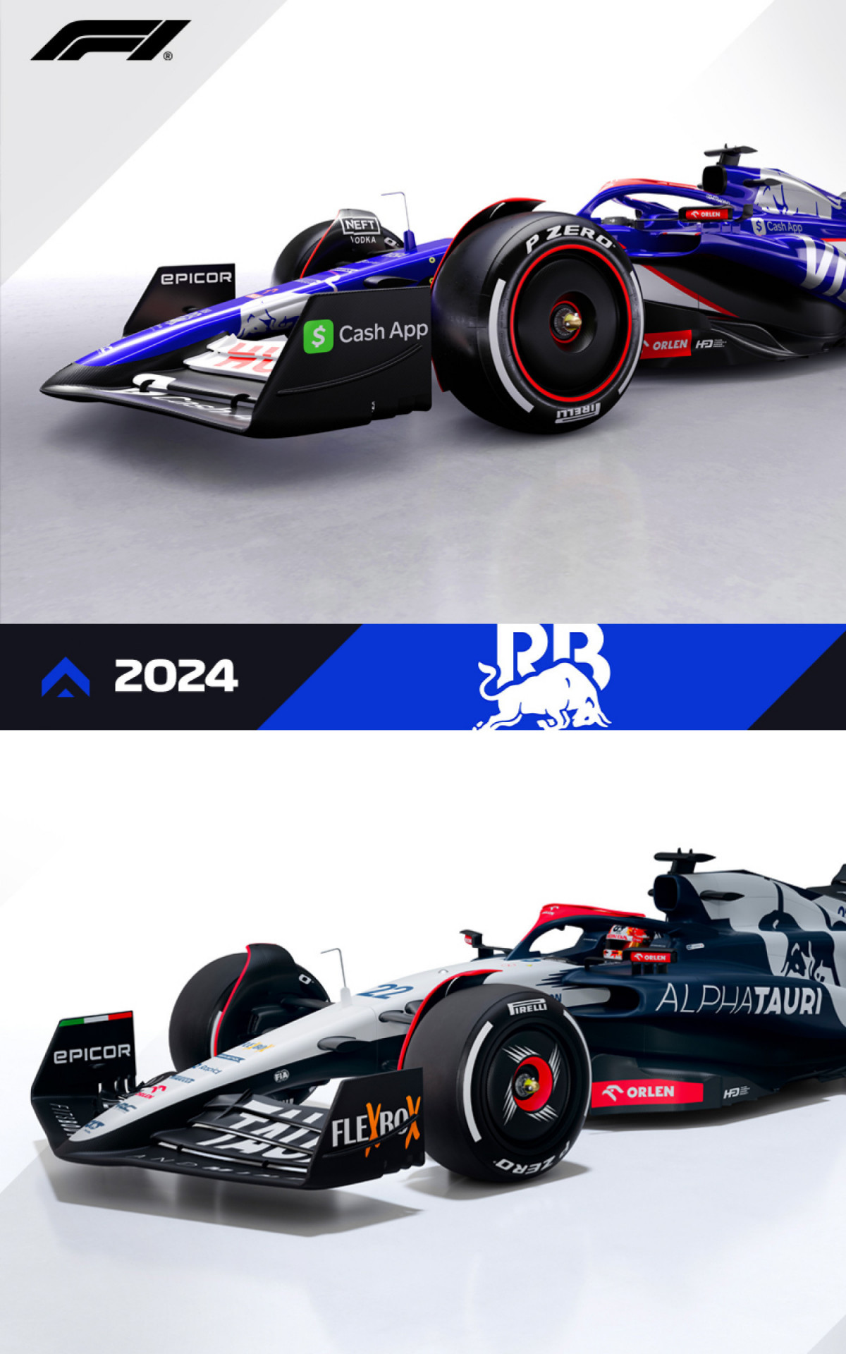 Comparação entre as cores dos carros da antiga AlphaTauri e a atual Visa Cash App RB