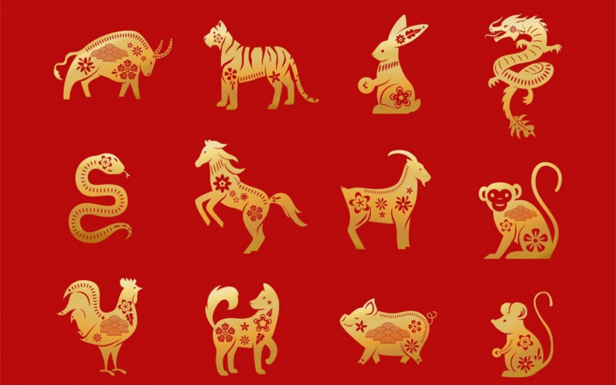 Chinese zodiac animals. Twelve asian new year golden characters set isolated on red background. Vector illustration of astrology calendar horoscope symbols.