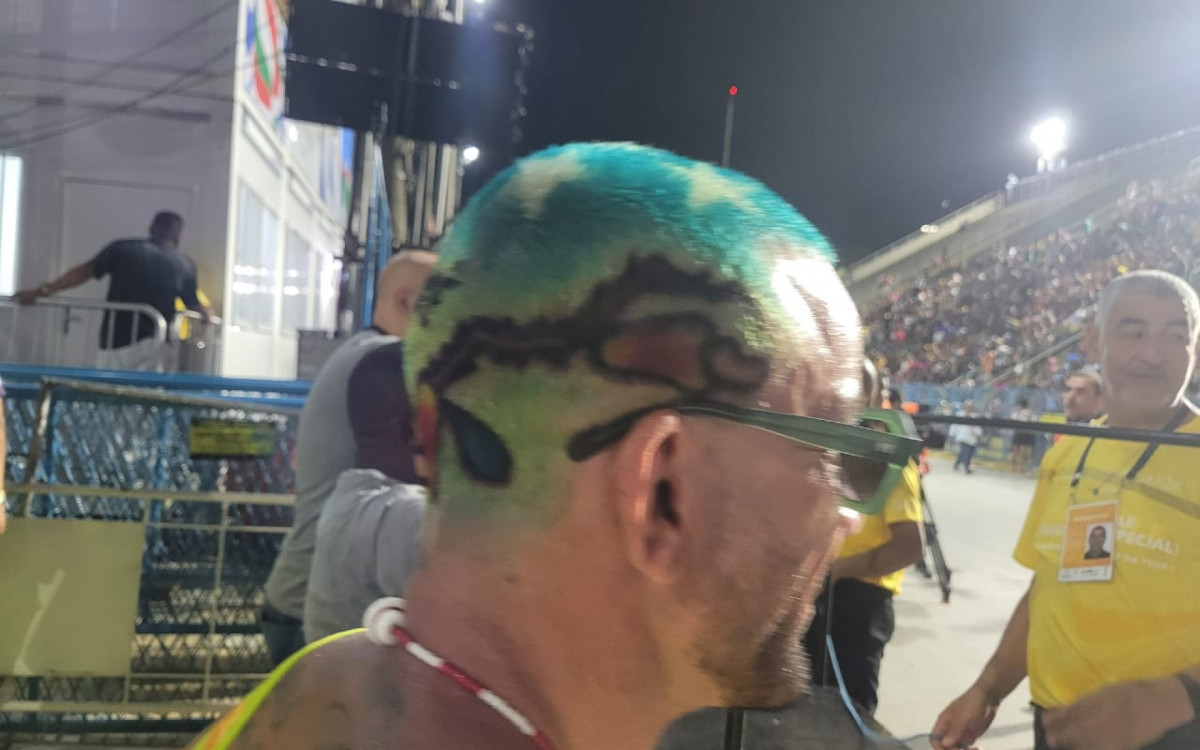 Zé Paulo Sierra pintou o cabelo com temas ligados ao enredo da Mocidade