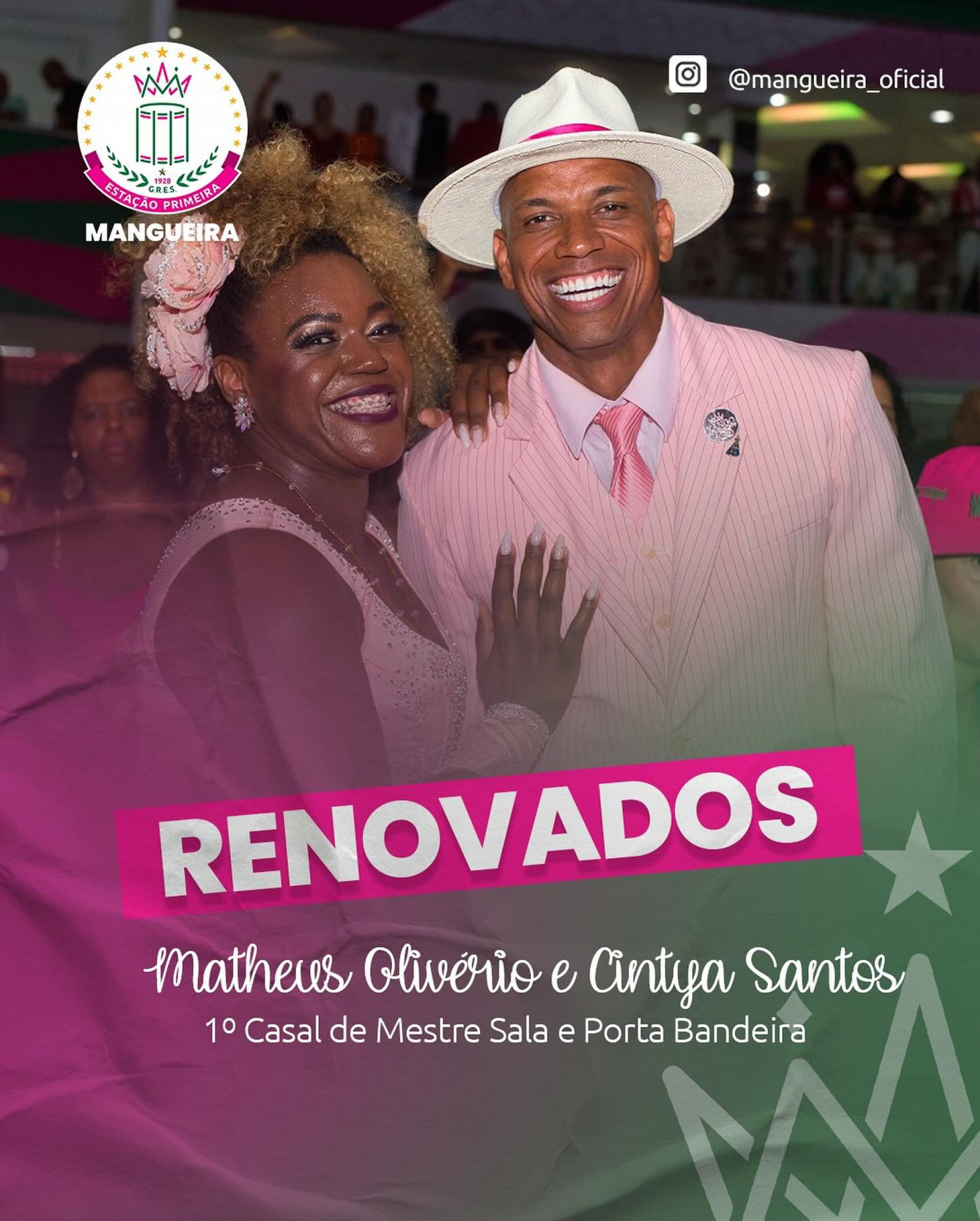 Mangueira renova com Matheus Olivério e Cintya Santos, primeiro casal de mestre-sala e porta-bandeira - Reprodução / Facebook