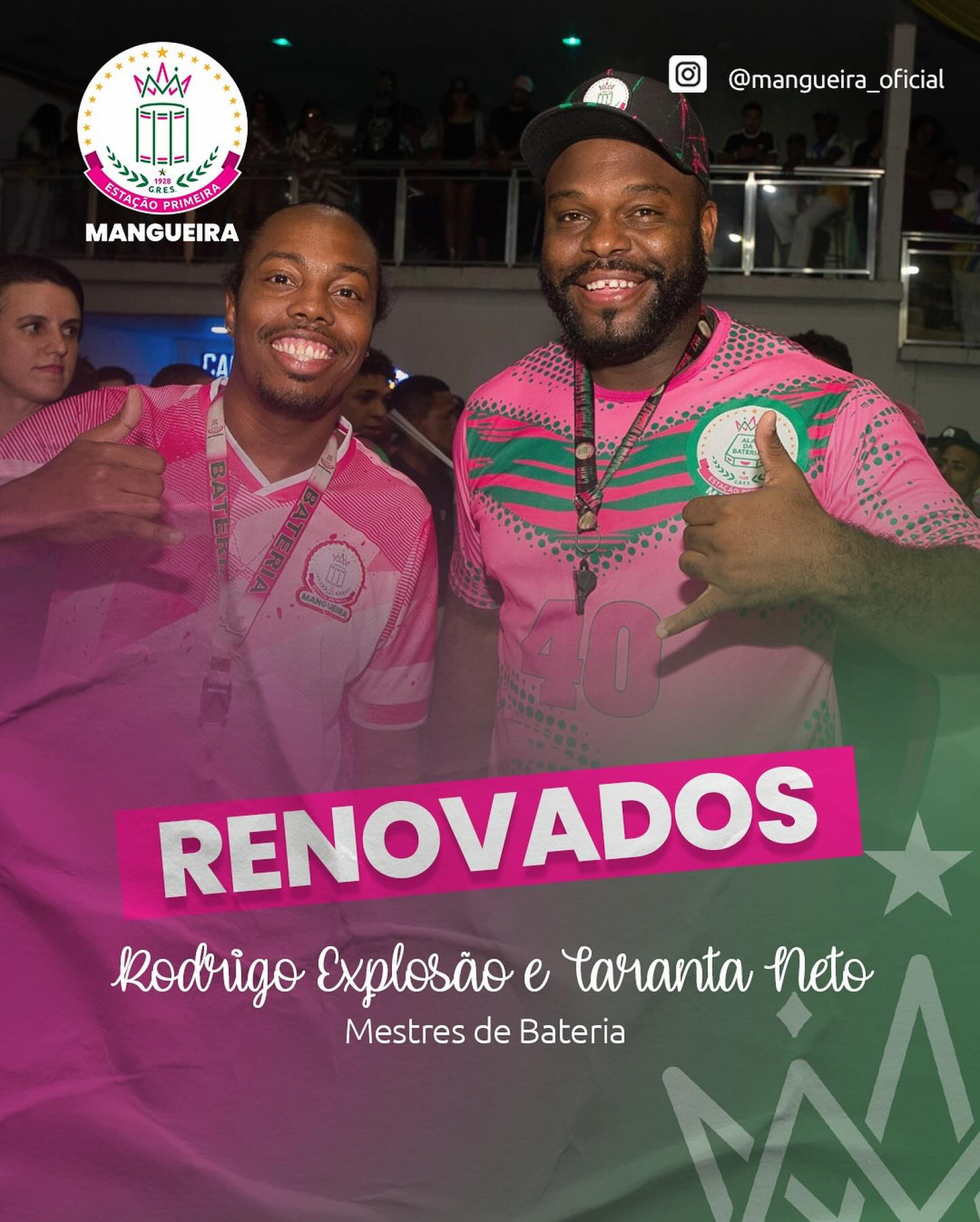 Mangueira renova com os mestres de bateria Rodrigo Explosão e Taranta Neto - Reprodução / Facebook