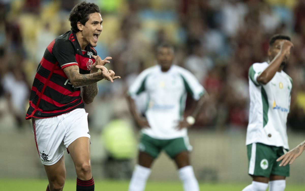 Pedro comemora gol marcado no jogo do Flamengo contra o Boavista 