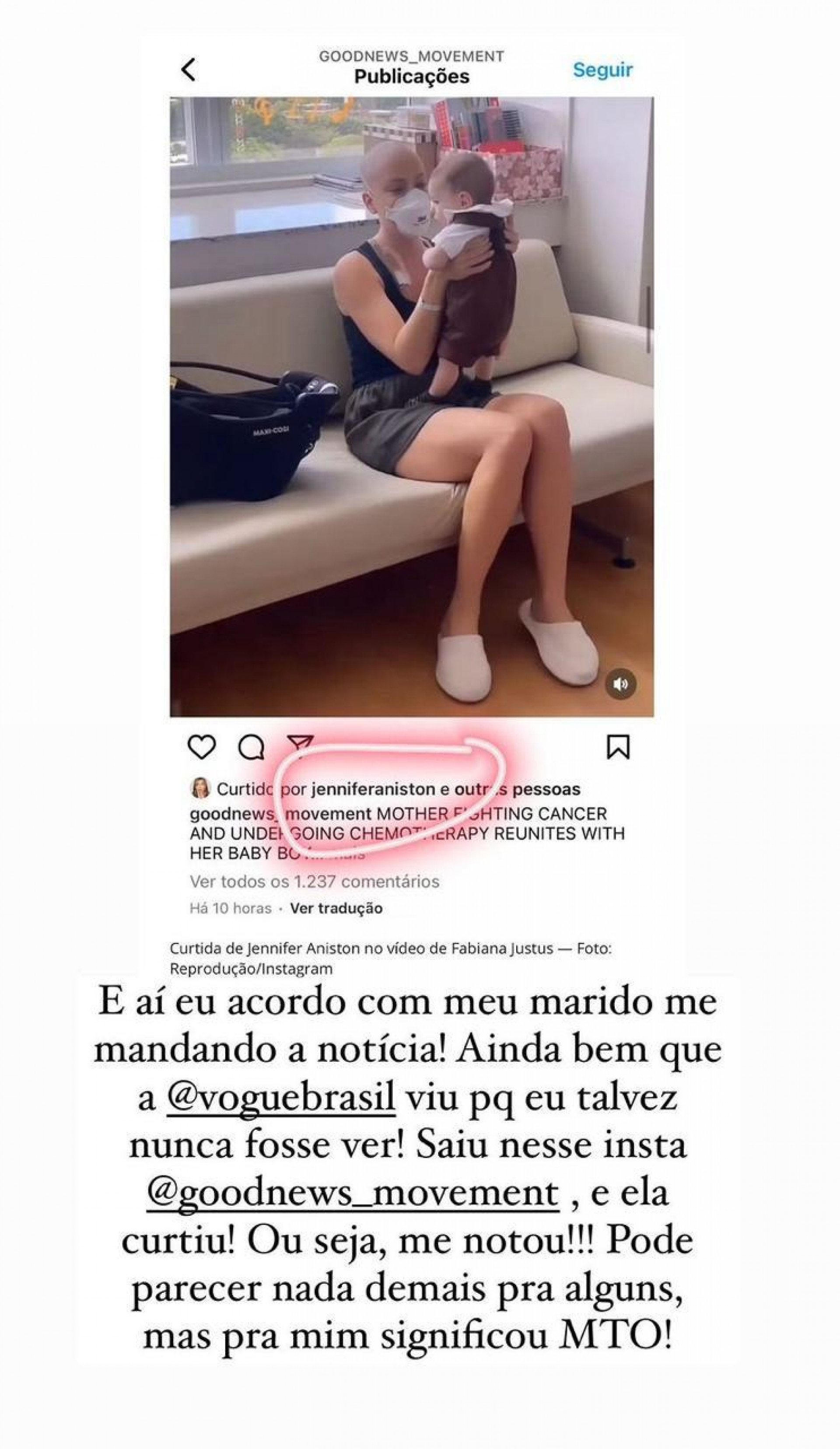 Fabiana Justus é notada por Jennifer Aniston - Reprodução/Instagram