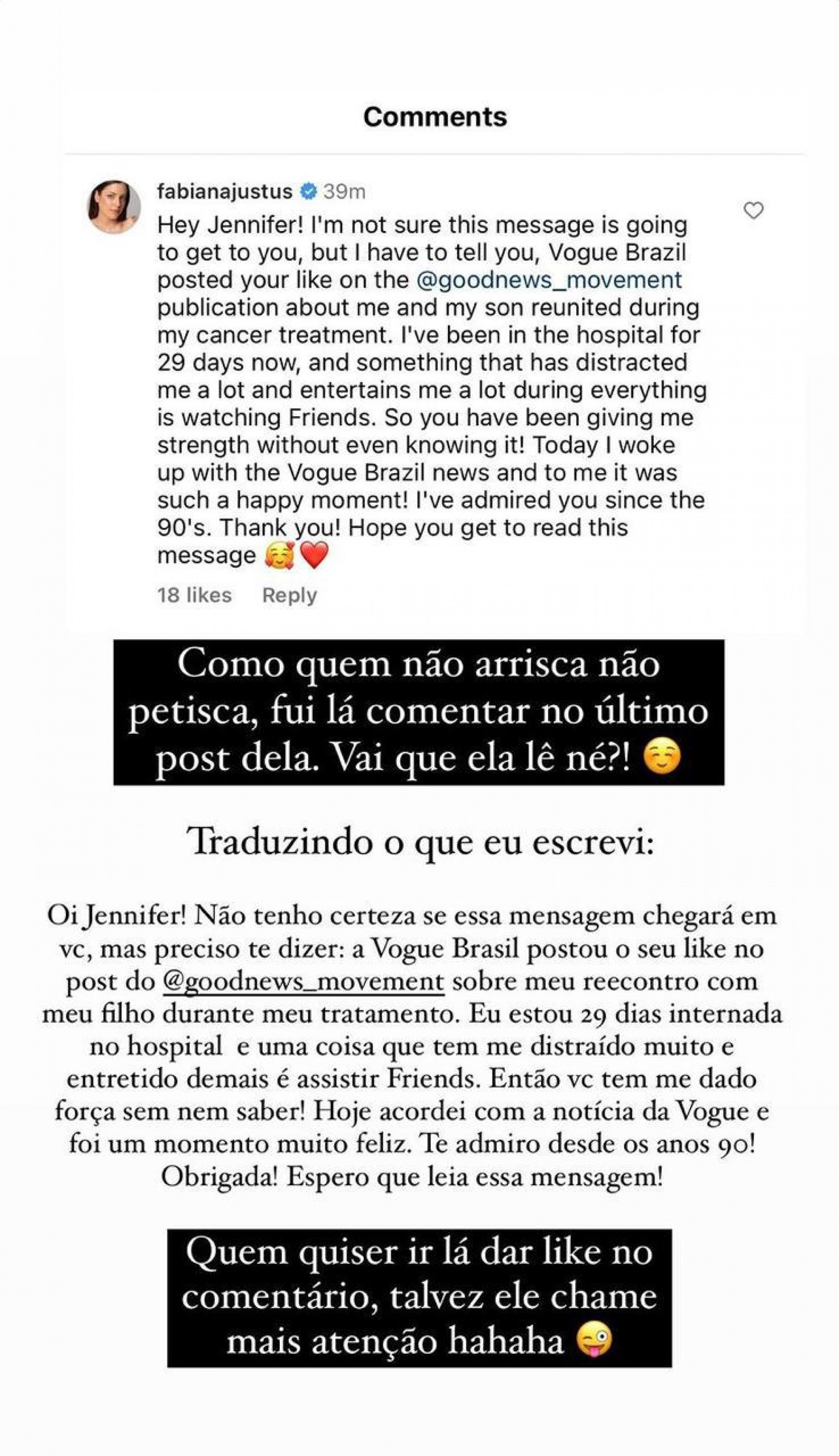 Fabiana Justus é notada por Jennifer Aniston - Reprodução/Instagram