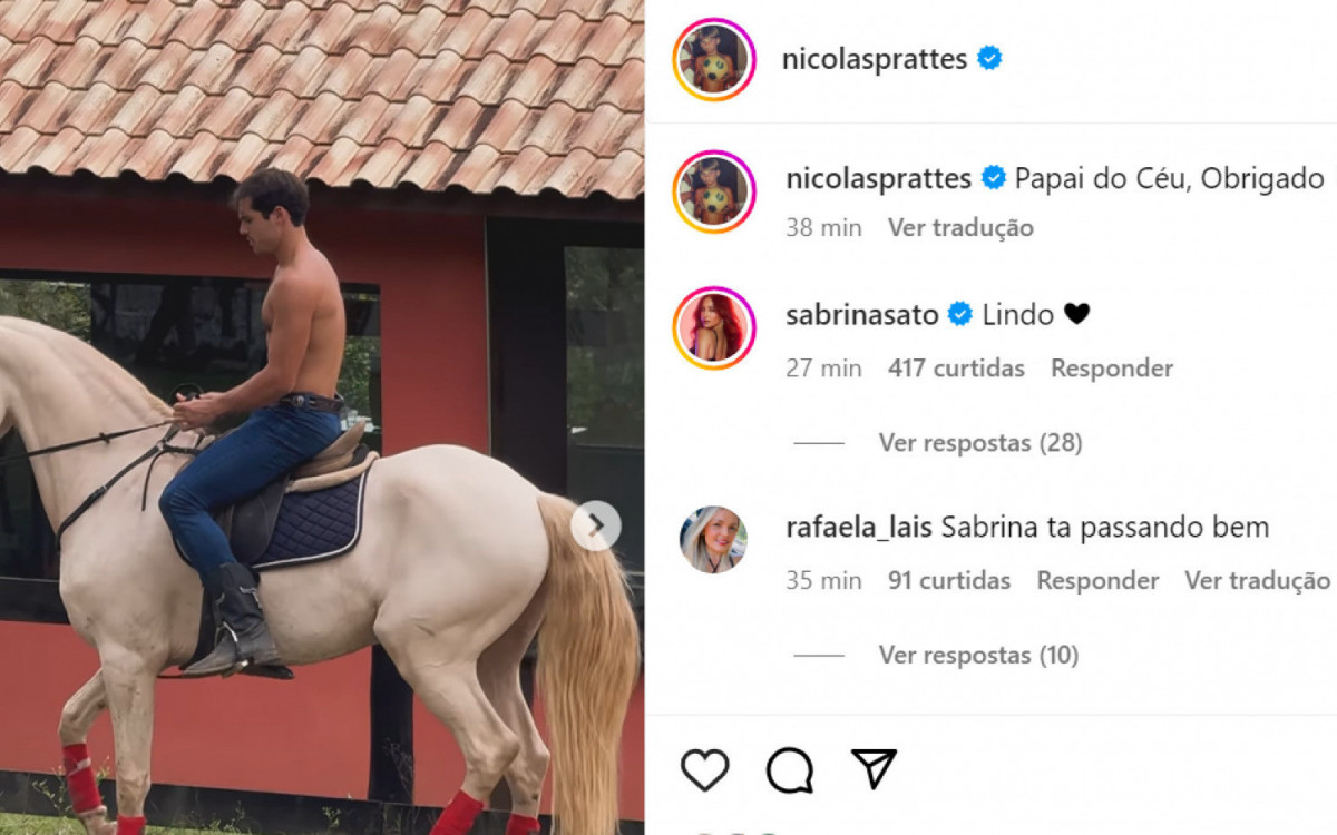 Nicolas Prattes posta vídeo andando a cavalo e Sabrina Sato elogia: 'Lindo'
- Reprodução / Instagram