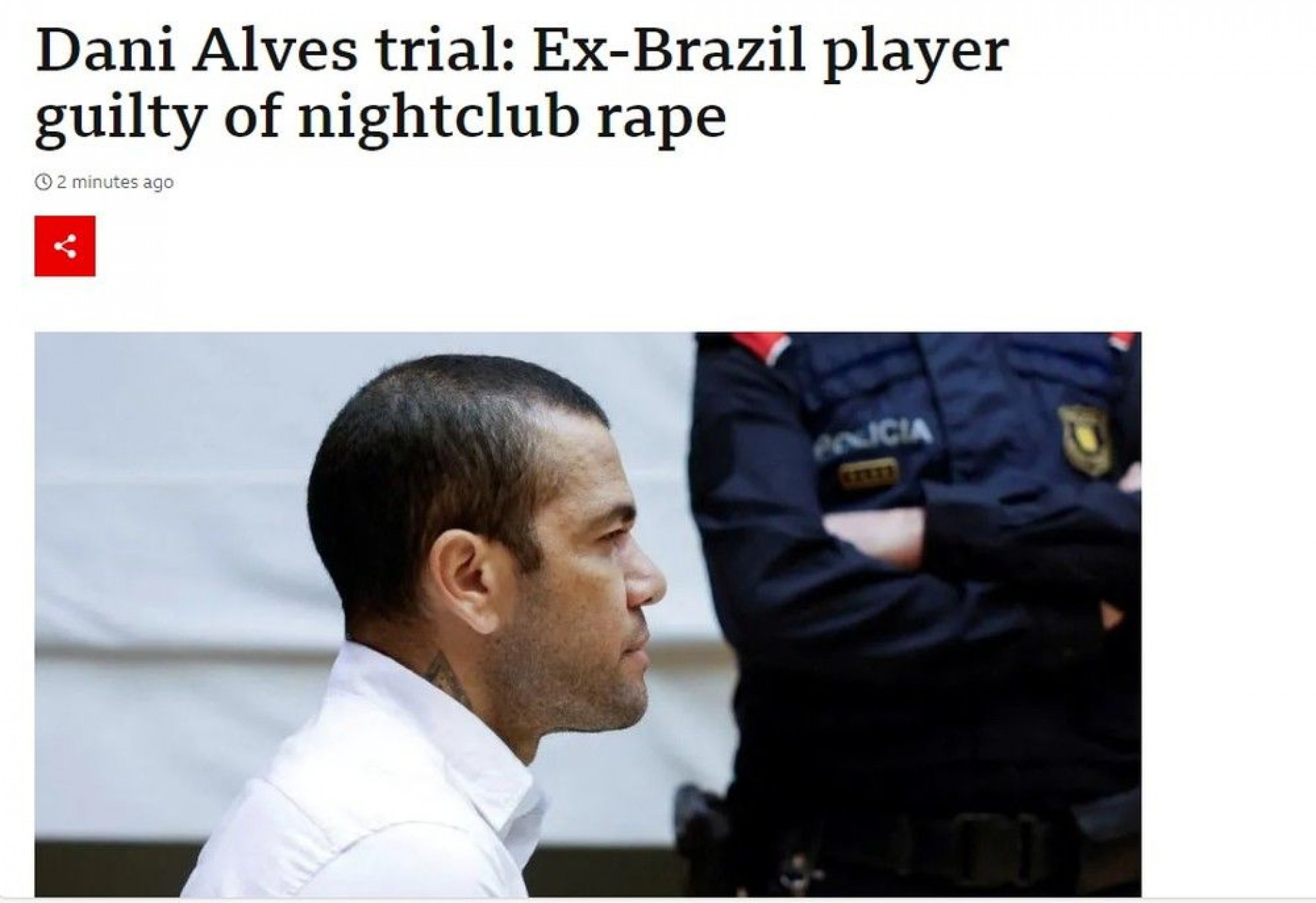 BBC destacou condenação de Daniel Alves - Reprodução