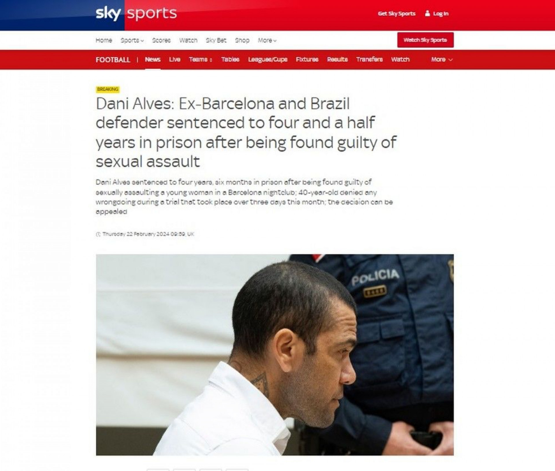 SKY Sports destacou condena&ccedil;&atilde;o de Daniel Alves - Reprodu&ccedil;&atilde;o