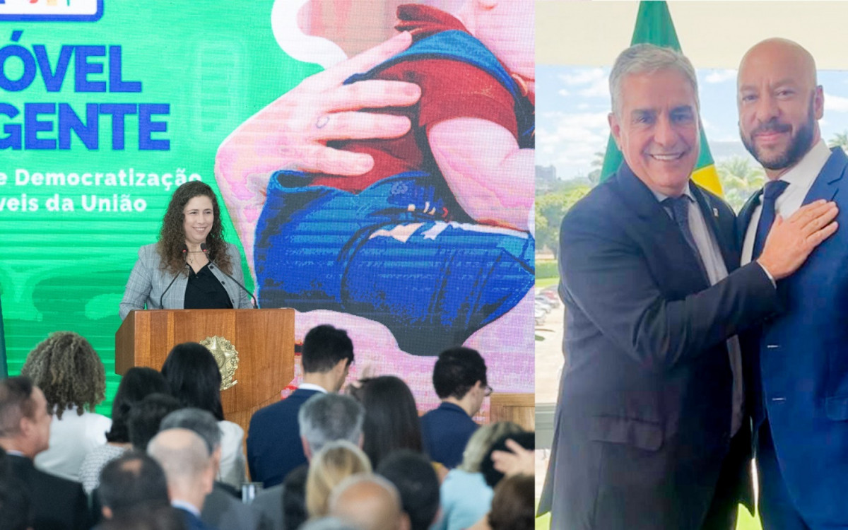 À esquerda, a Ministra Esther Dweck no lançamento do programa Imóvel da Gente. À direita, o Prefeito Vinicius Claussen com o Secretário Especial de Assuntos Federativos André Ceciliano