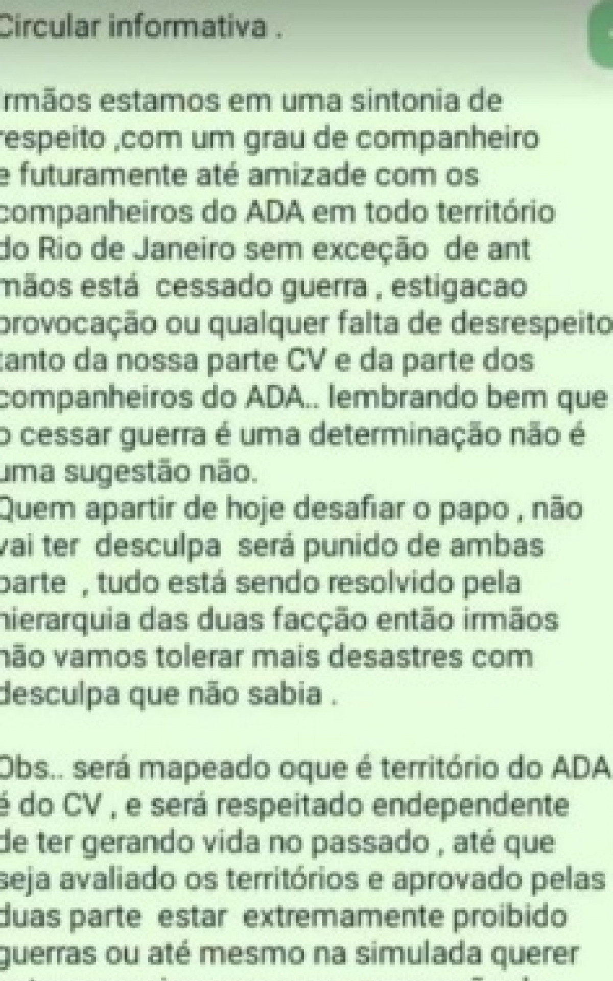Postagem que circula nas redes aponta para um suposto acordo de paz entre CV e ADA

