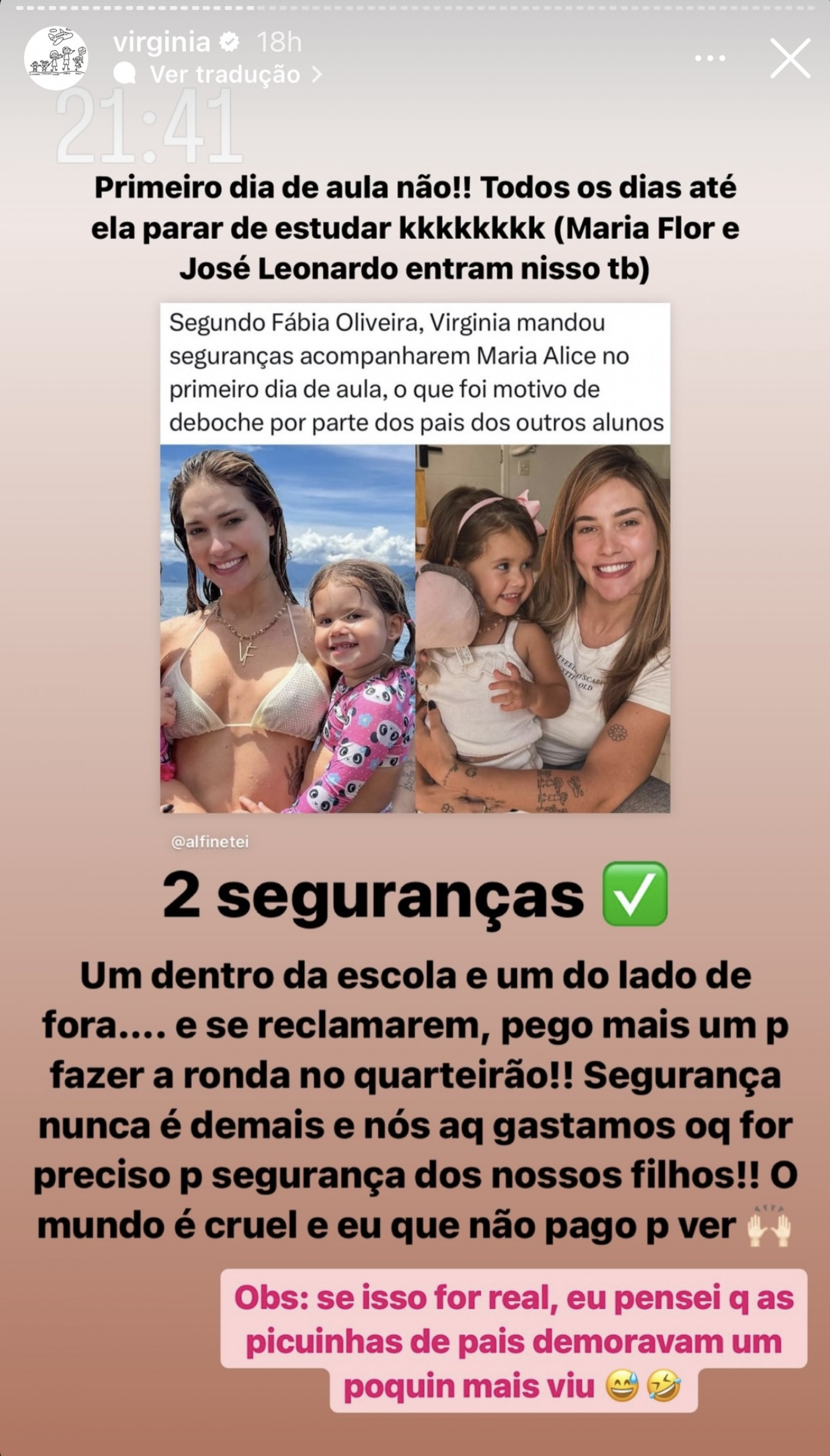 Virginia rebate críticas por colocar seguranças na escola da filha, Maria Alice - Reprodução