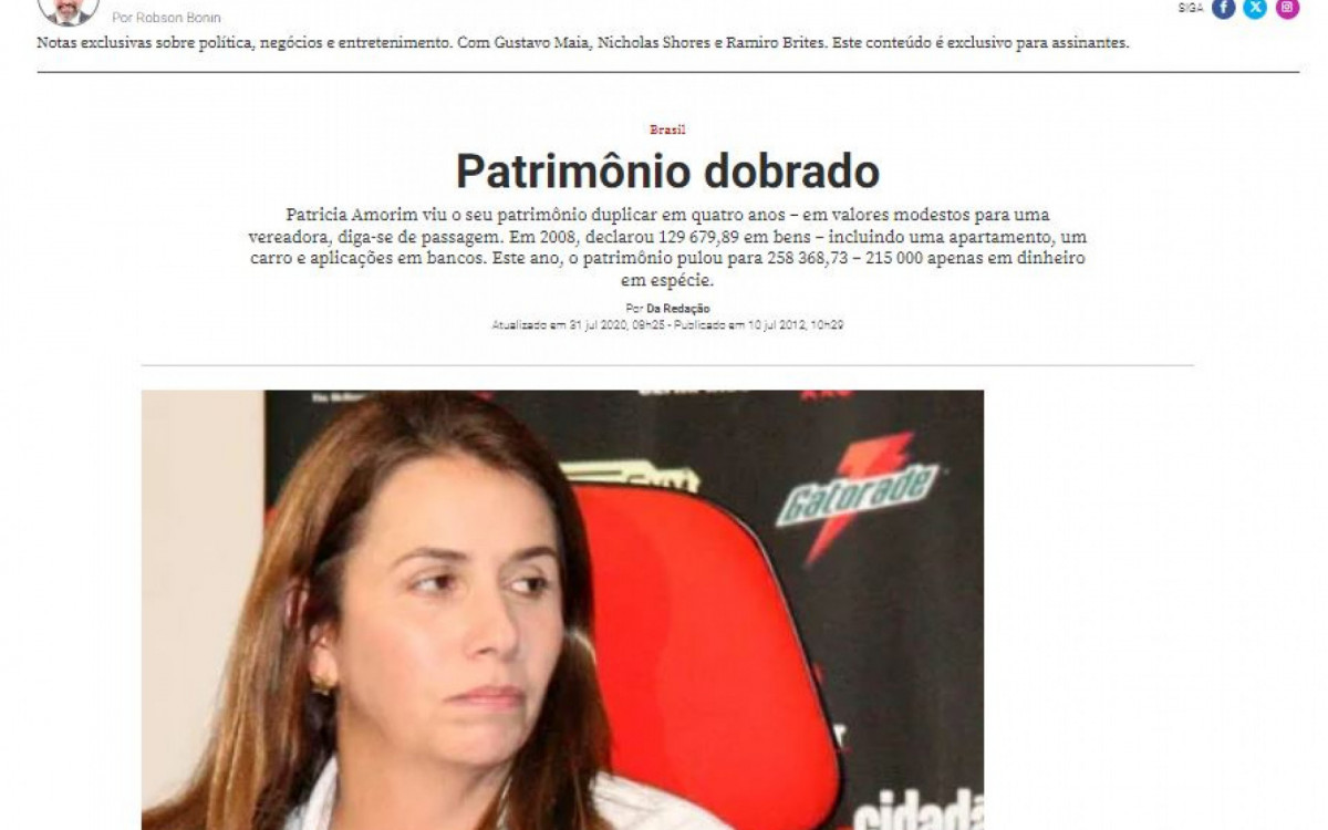 Matéria do Portal RADAR da revista Veja sobre o patrimônio declarado de Patrícia Amorim