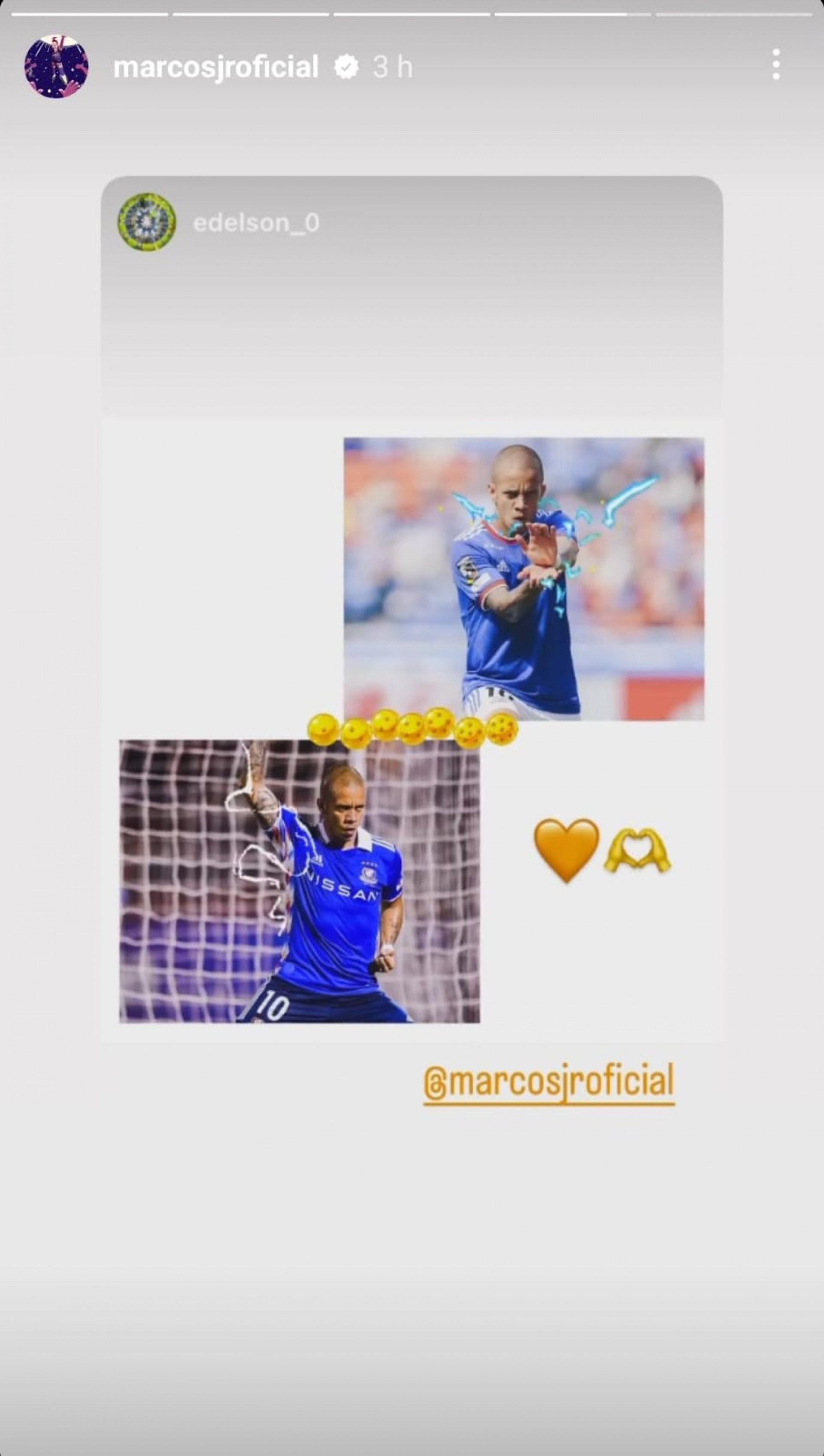 Marcos Junior republicou várias postagens com ele comemorando gols no estilo Dragon Ball - Reprodução de Instagram