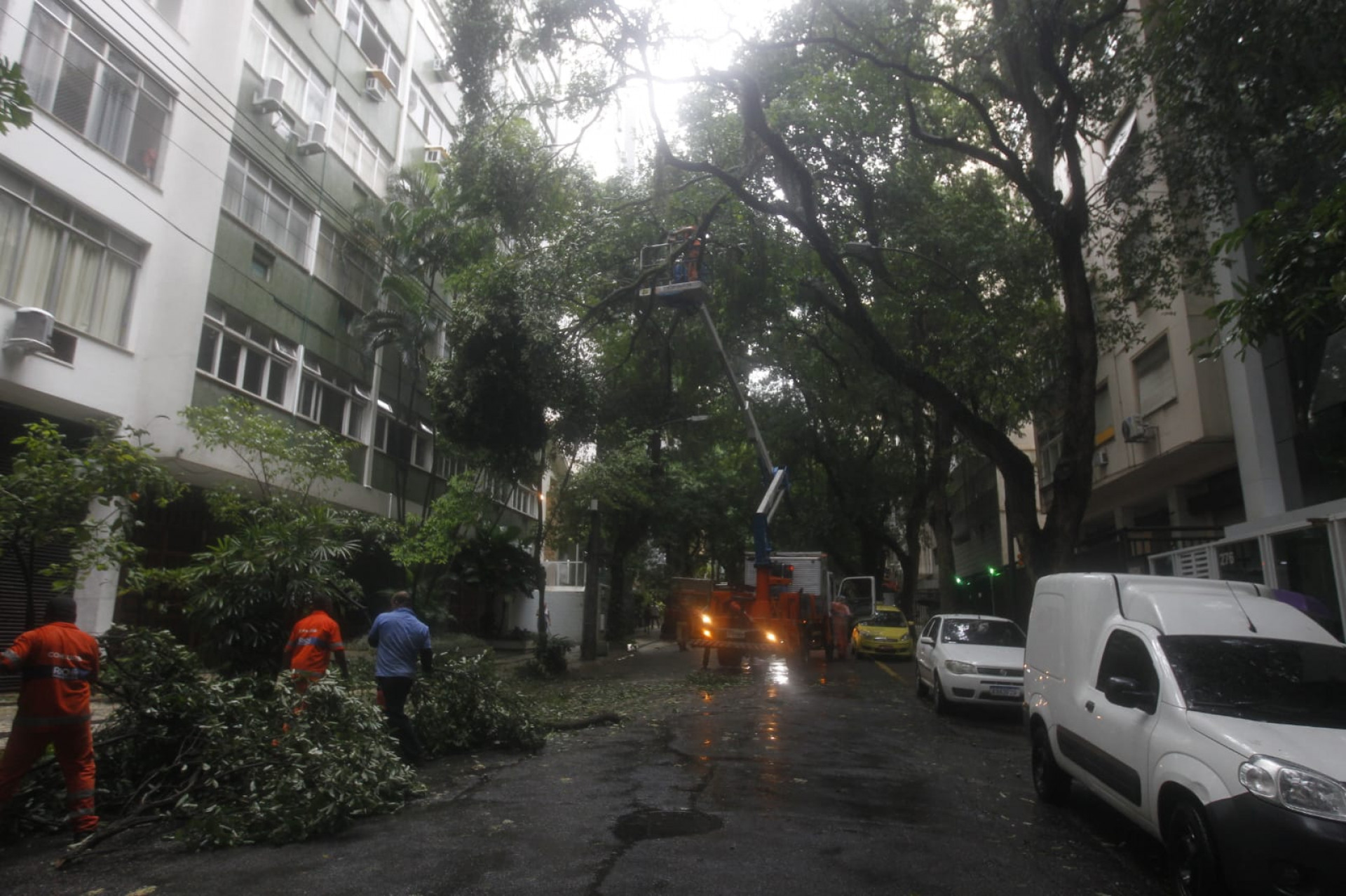 Funcionários da Comlurb retiram galhos de árvore que caiu na Rua Santa Clara, em Copacabana - Reginaldo Pimenta / Agência O Dia