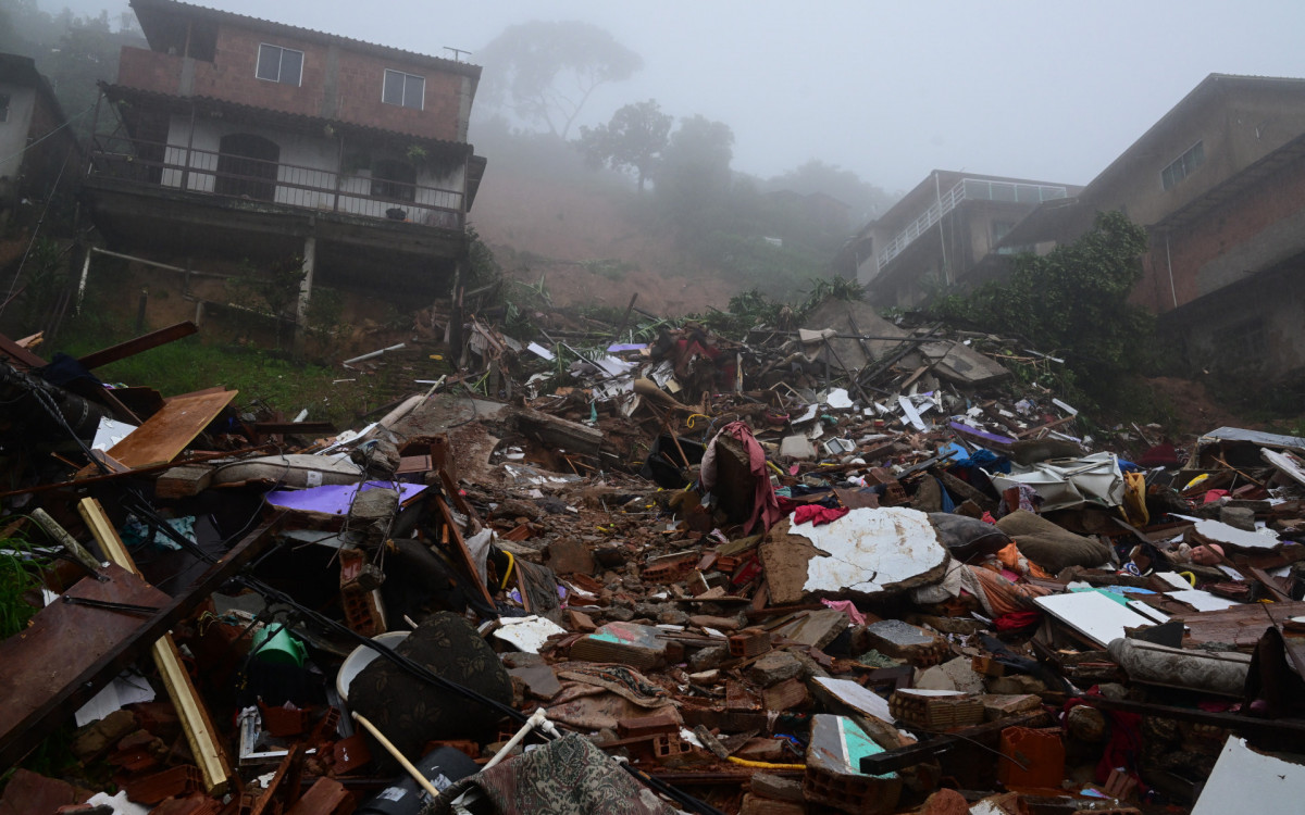 A general view of the rubble of houses destroyed by the heavy rains in Petropolis, Brazil, on March 23, 2024. A powerful storm has claimed at least nine lives in southeastern Brazil, particularly in the mountainous part of Rio de Janeiro state, where authorities on Saturday deployed rescue teams to deal with a \