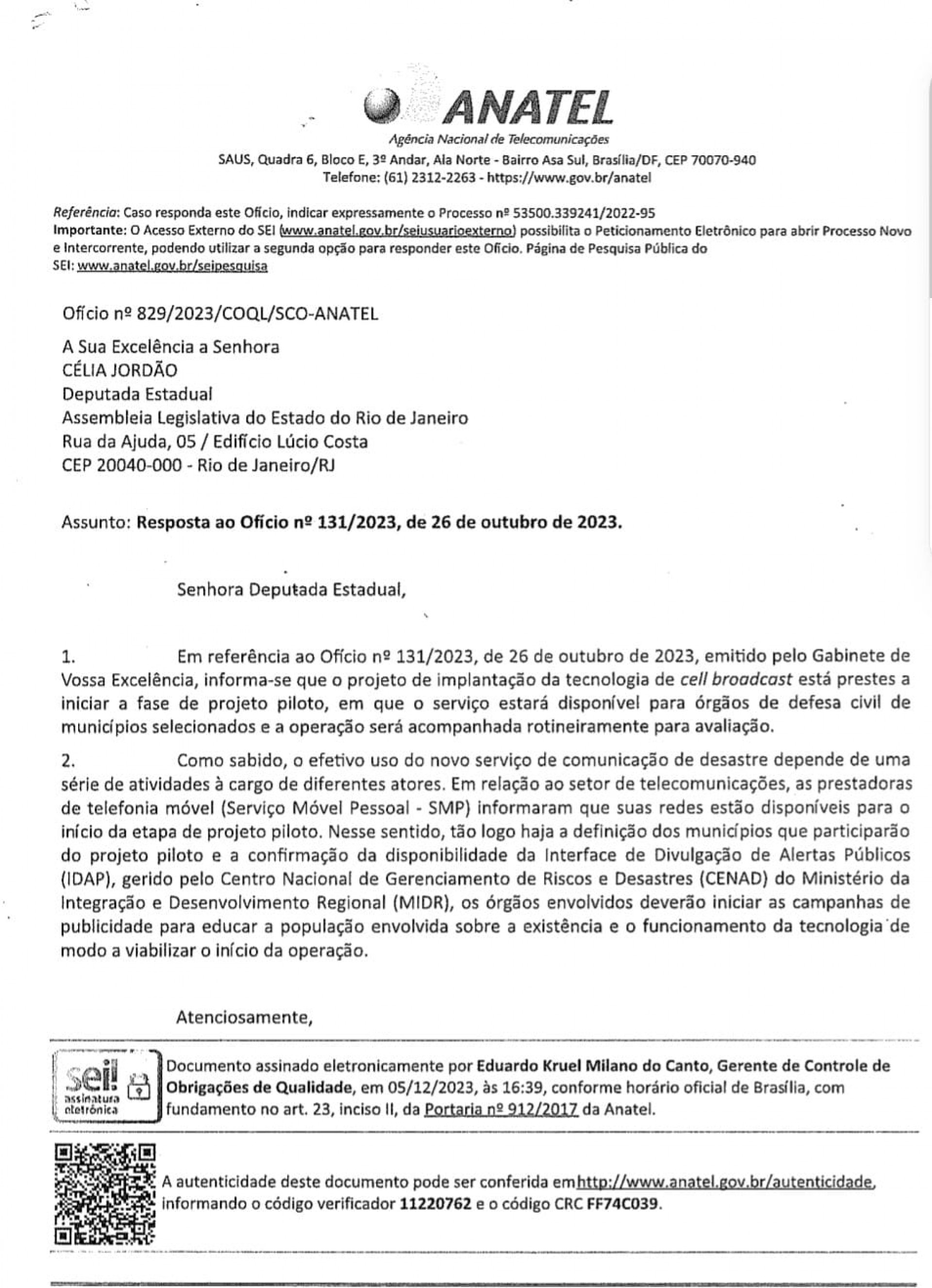 Resposta da Anatel ao ofício da deputada Célia Jordão - Divulgação/Assessoria Deputada