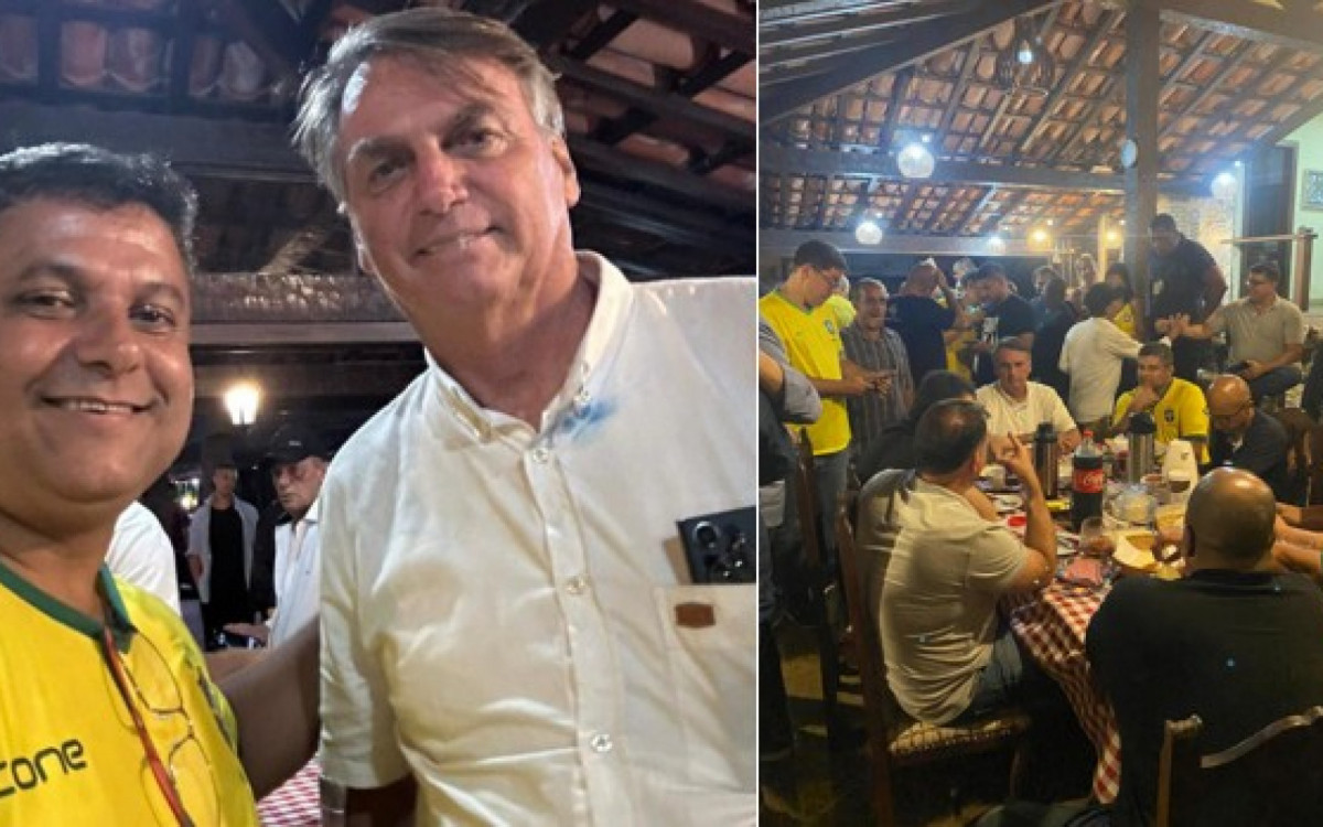 À esquerda, o vereador Josias da Swell, líder da oposição na Câmara e presidente do PL cabo-friense, ao lado do ex-presidente; à direita, sentado com Bolsonaro e outras lideranças, tendo ao fundo o senador Flávio Bolsonaro e o deputado federal Altineu Côrtes