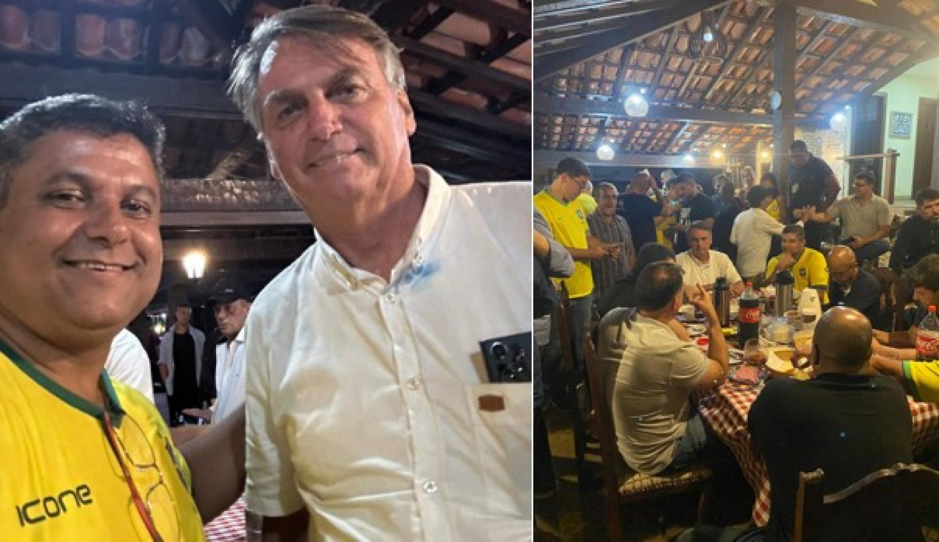 À esquerda, o vereador Josias da Swell, líder da oposição na Câmara e presidente do PL cabo-friense, ao lado do ex-presidente; à direita, sentado com Bolsonaro e outras lideranças, tendo ao fundo o senador Flávio Bolsonaro e o deputado federal Altineu Côrtes - Reprodução