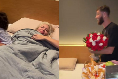 Karoline Lima ganha café da manhã na cama e flores de Léo Pereira