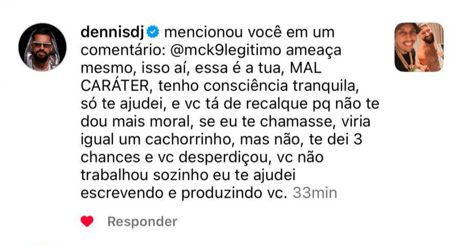 Dennis Dj se revolta com funkeiro MC K9 - Reprodução/Instagram